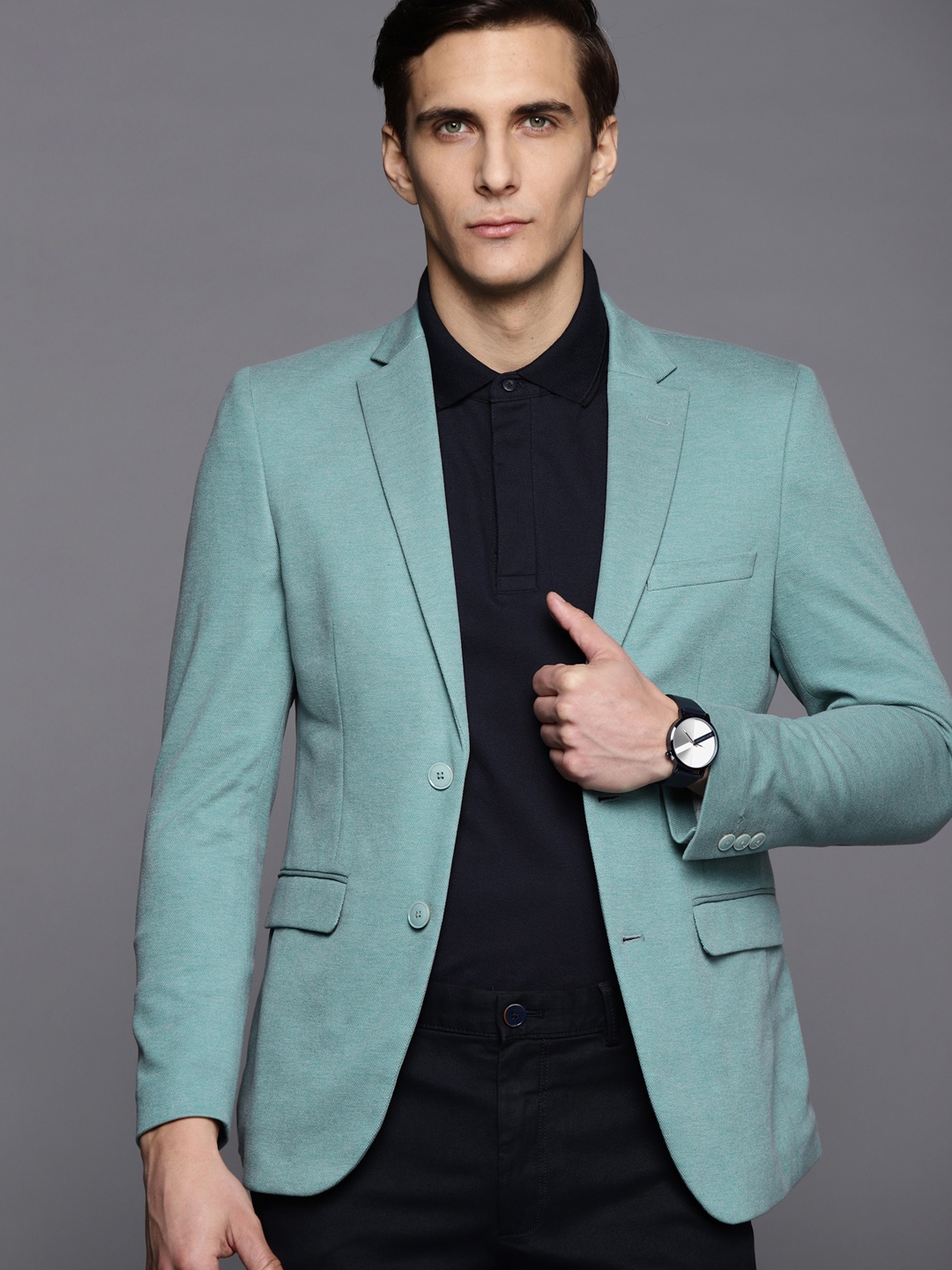 

Peter England Elite Men Sea Green Neo Slim Fit Single-Breasted Formal Blazer