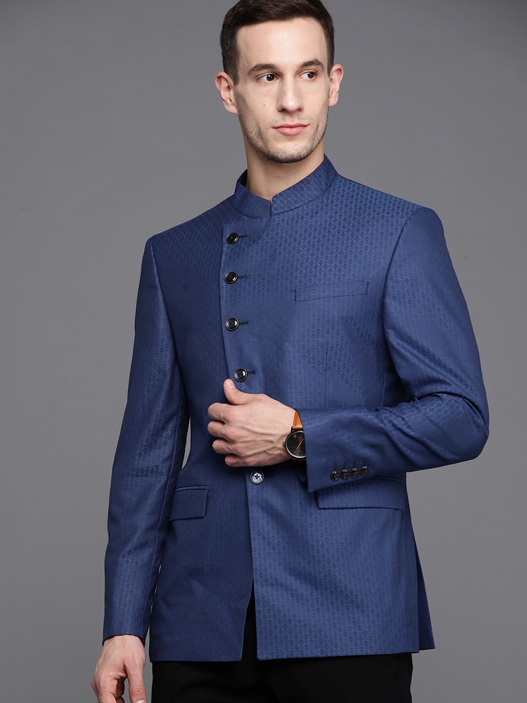 

Peter England Elite Men Blue Self Design Neo Slim Fit Bandhgala Blazer
