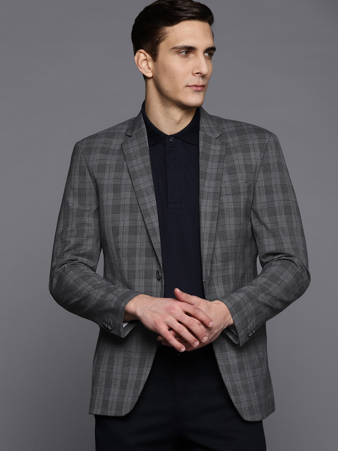 

Peter England Elite Men Charcoal Grey Checked Single-Breasted Slim-Fit Formal Blazer