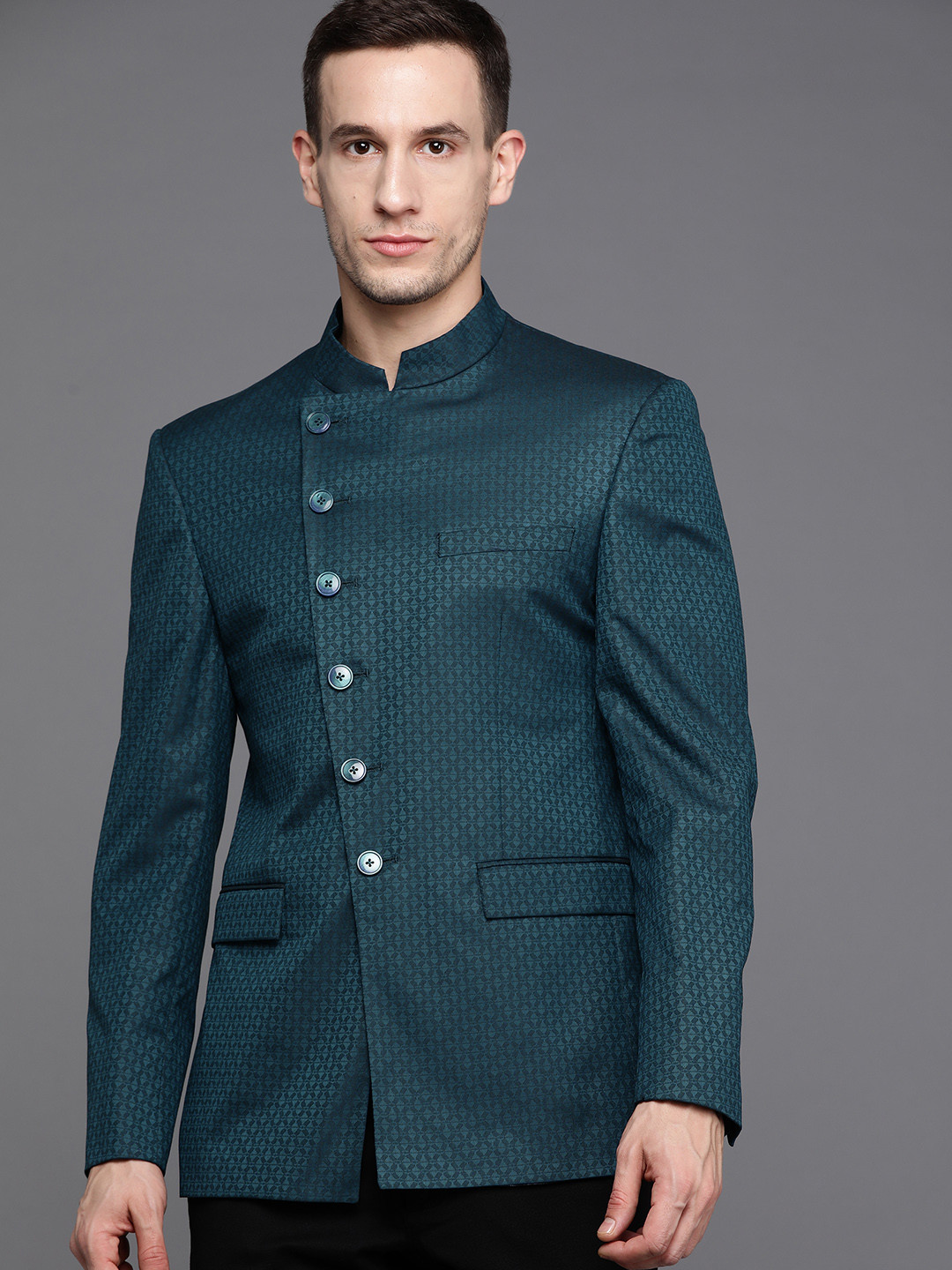 

Peter England Elite Men Teal Blue Self-Design Neo Slim-Fit Bandhgala Blazer
