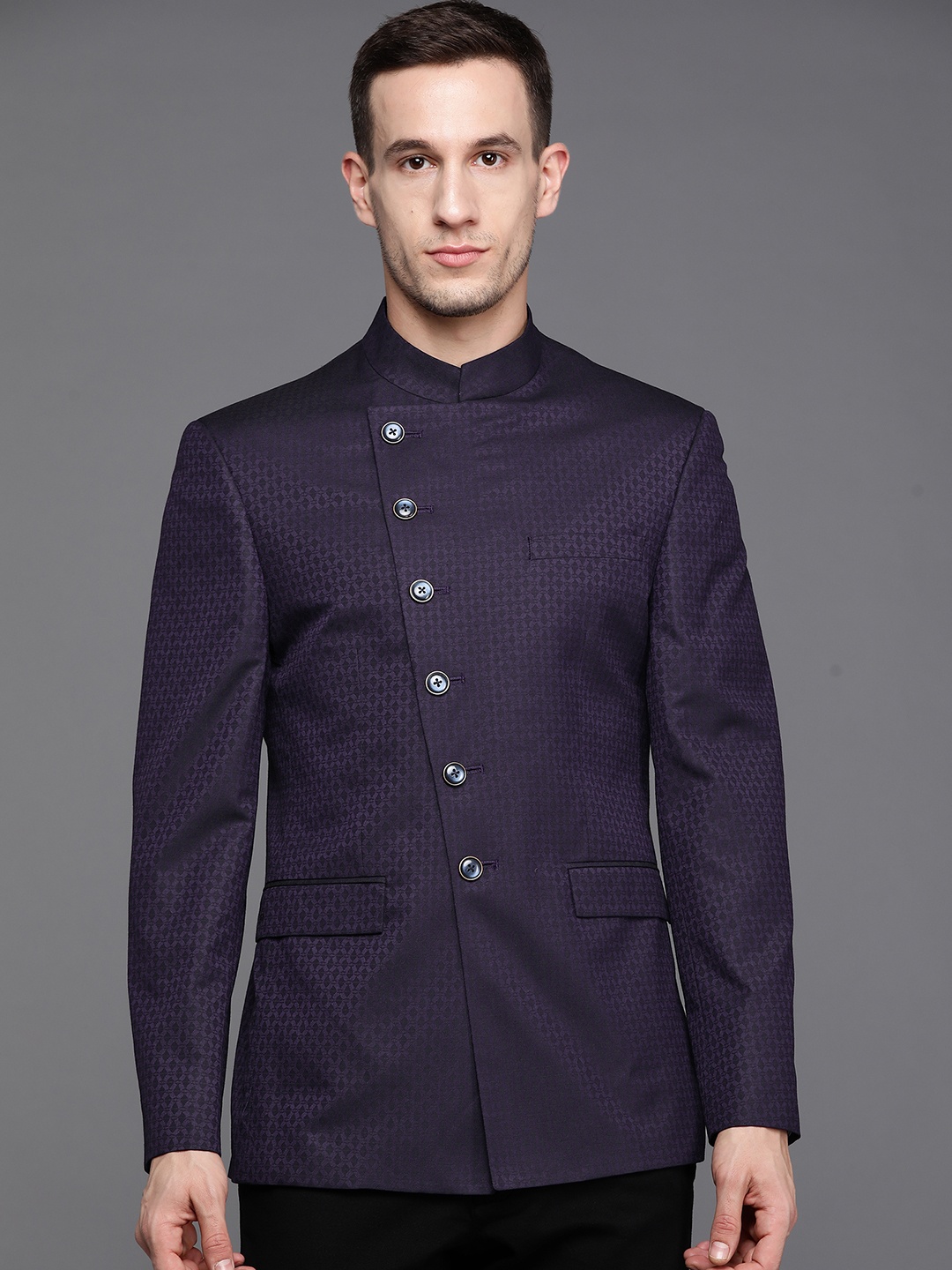 

Peter England Elite Men Purple Self-Design Neo Slim-Fit Bandhgala Blazer