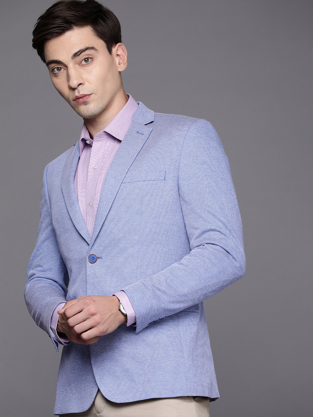 

Peter England Elite Men Light Blue Self Design Slim Fit Smart Casual Blazer