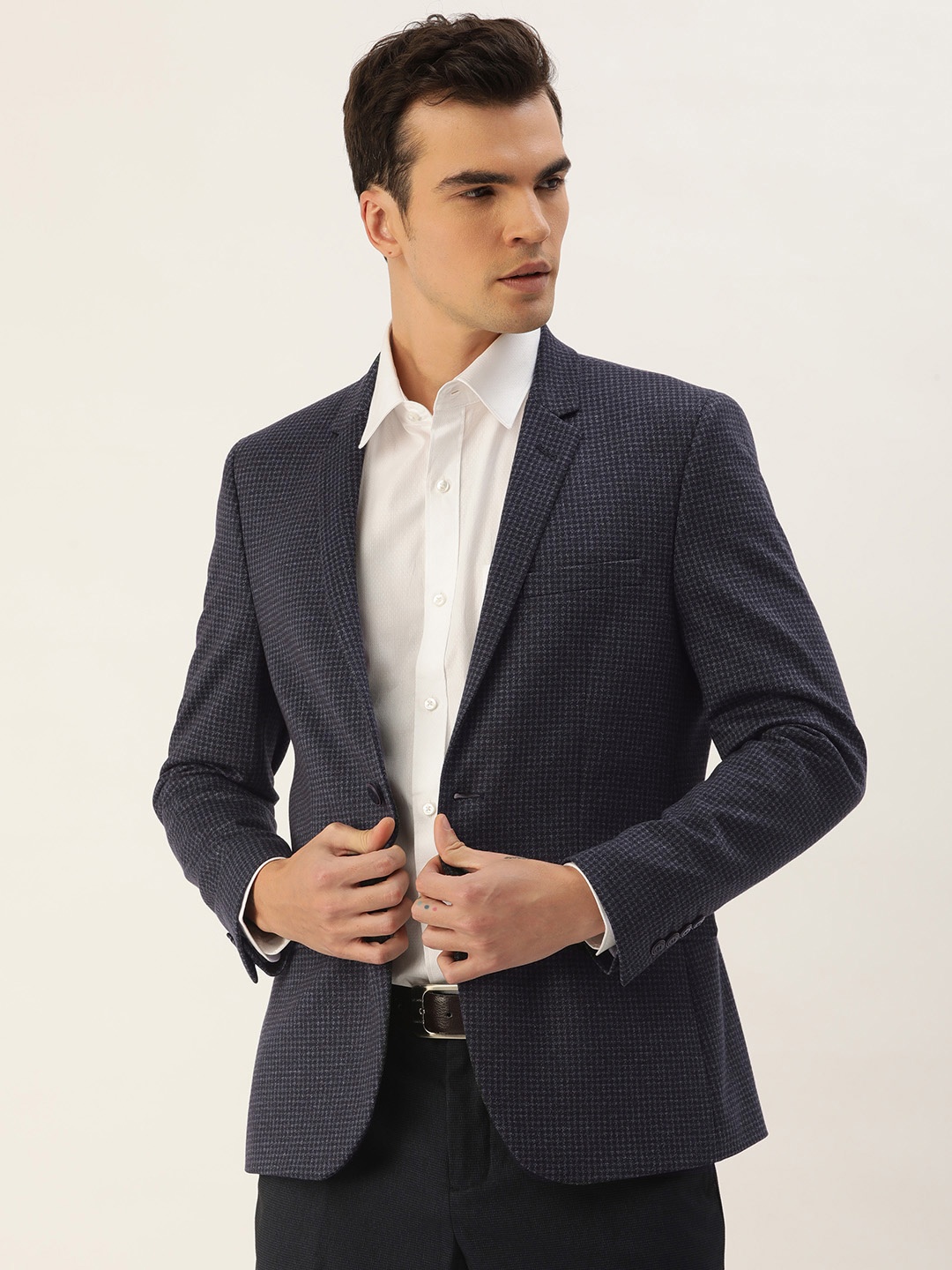 

Peter England Elite Men Checked Single-Breasted Formal Blazer, Navy blue