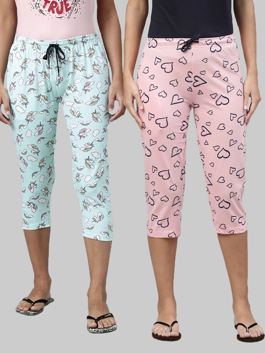 

Kryptic Pack of 2 Women Turquoise Blue & Pink Printed Pure Cotton Capris