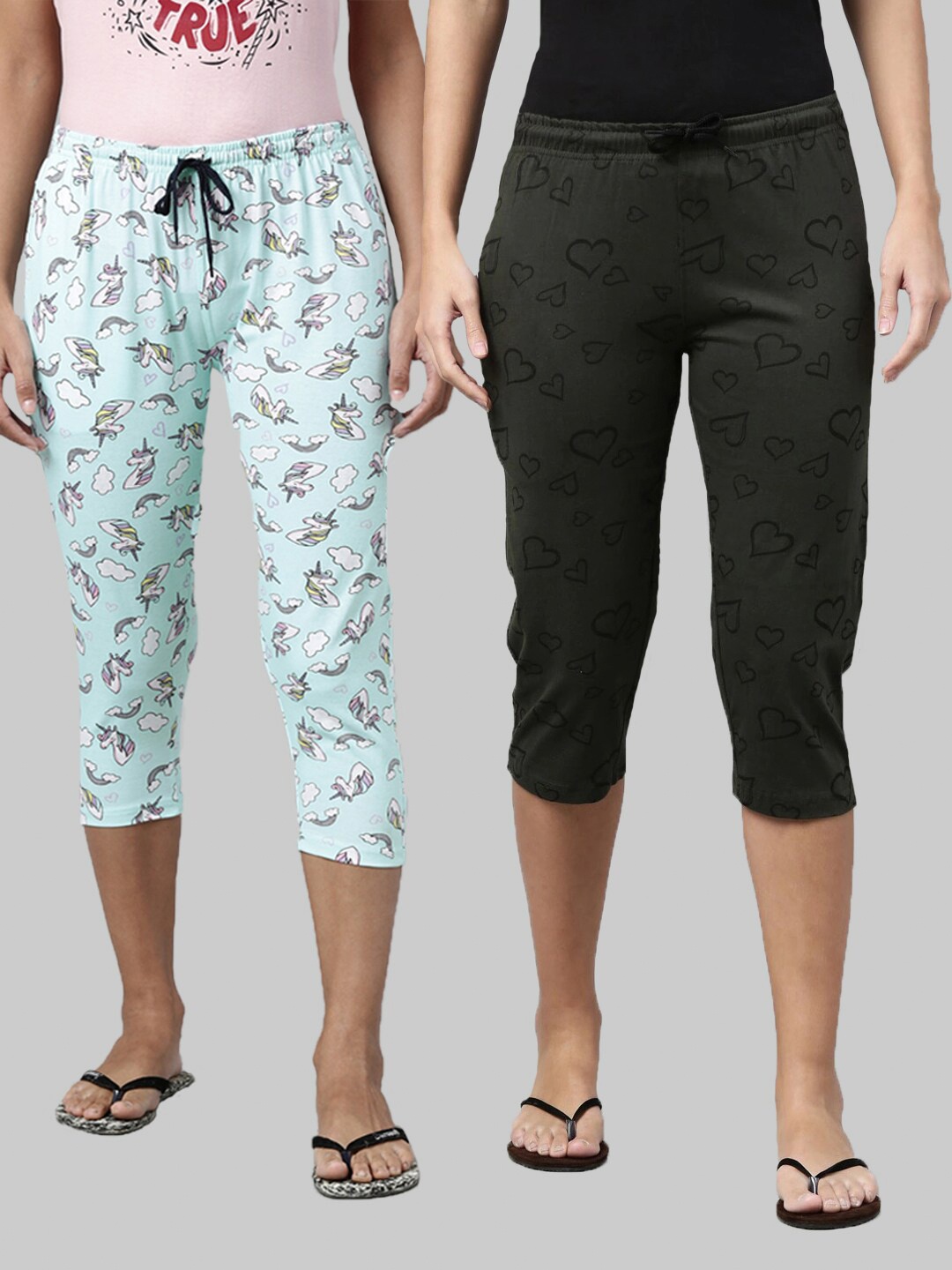 

Kryptic Women Pack Of 2 Blue & Charcoal Grey Pure Cotton Printed Capris