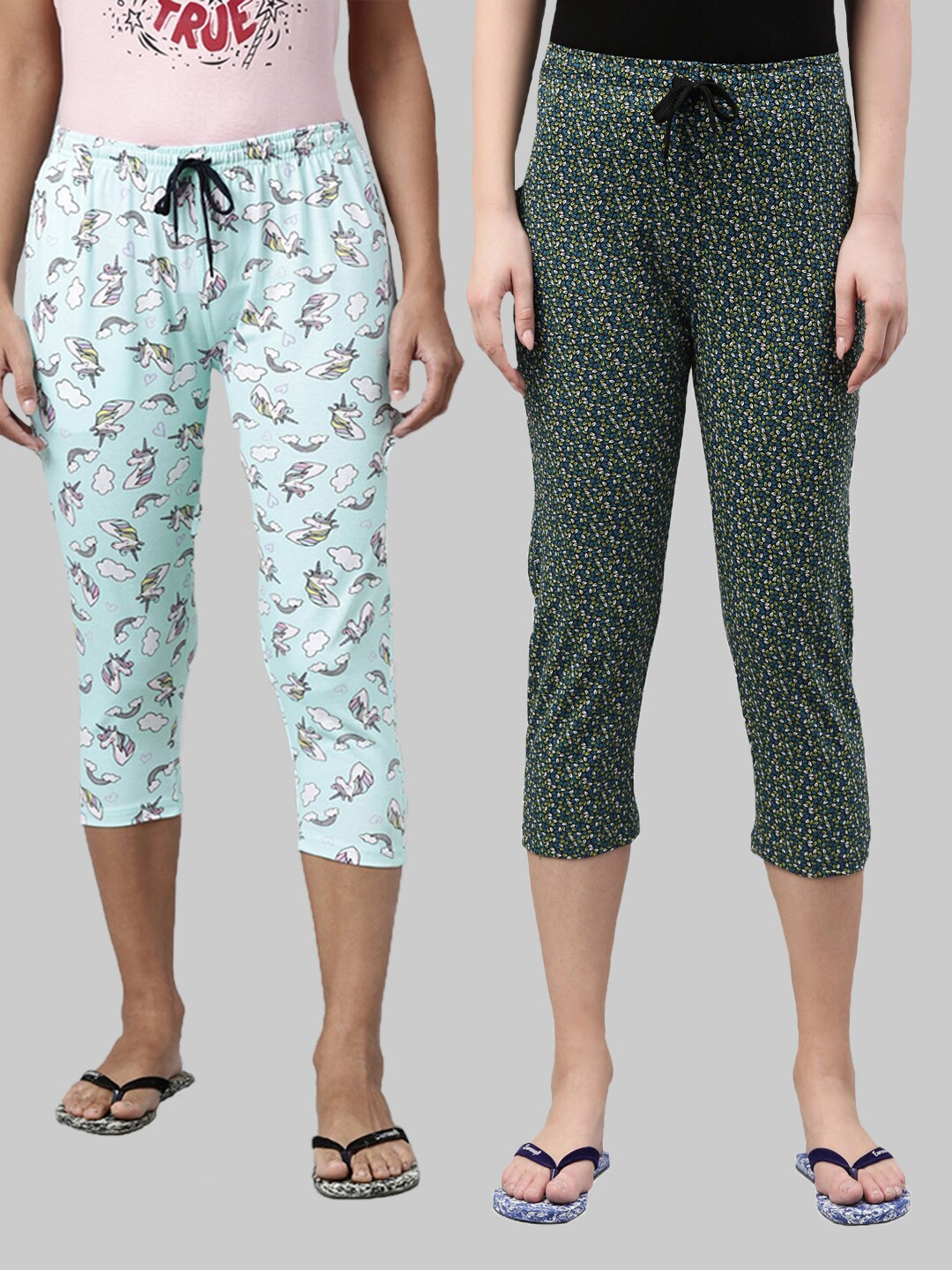 

Kryptic Women Pack of 2 Printed Pure Cotton Capris, Blue