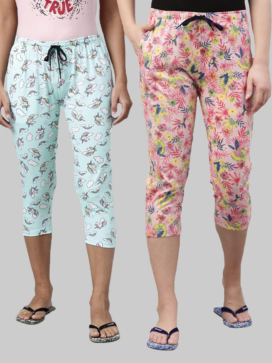 

Kryptic Women Pack of 2 Printed Blue & Pink Pure Cotton Capris