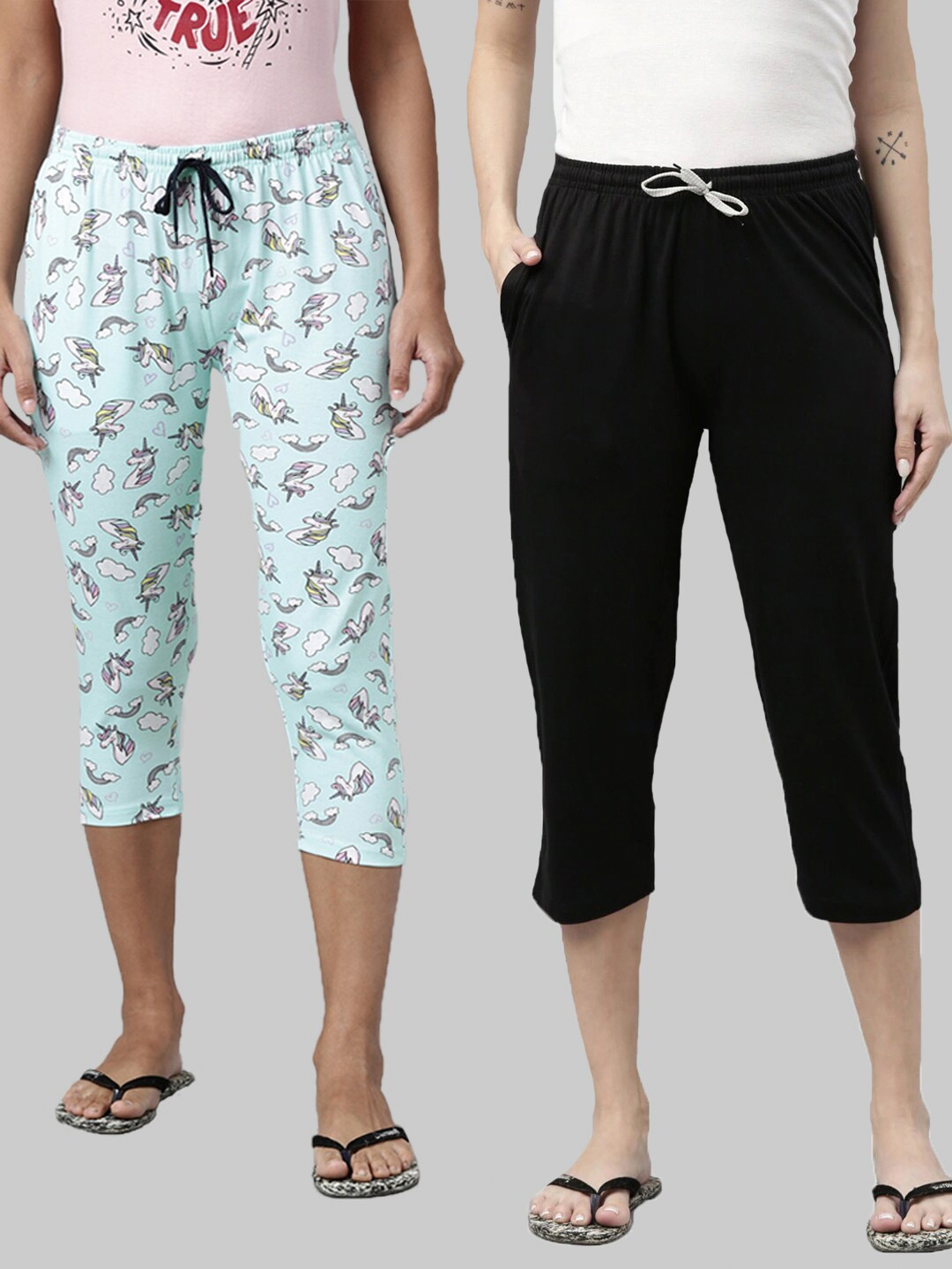 

Kryptic Women Pack Of 2 Blue & Black Pure Cotton Capris