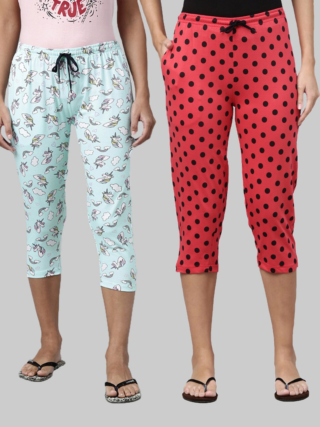 

Kryptic Women Set of 2 Turquoise Blue & Red Printed Capris