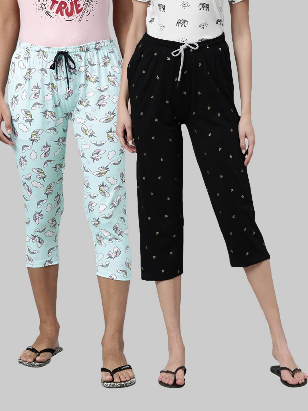 

Kryptic Women Pack of 2 Printed Pure Cotton Capris, Blue