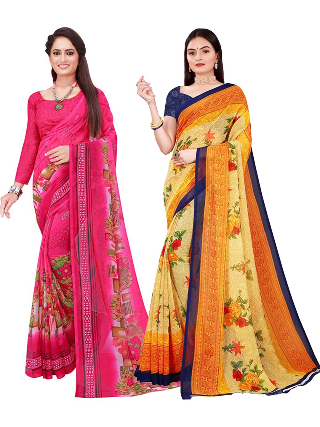 

SAADHVI Set of 2 Pink & Beige Floral Pure Georgette Saree