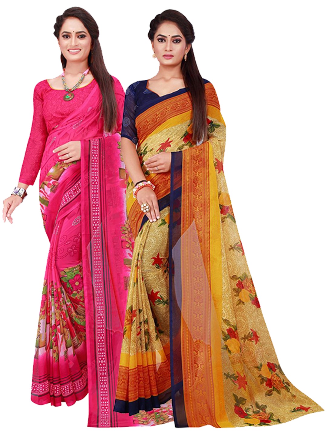

SAADHVI Set of 2 Magenta & Yellow Floral Pure Georgette Saree