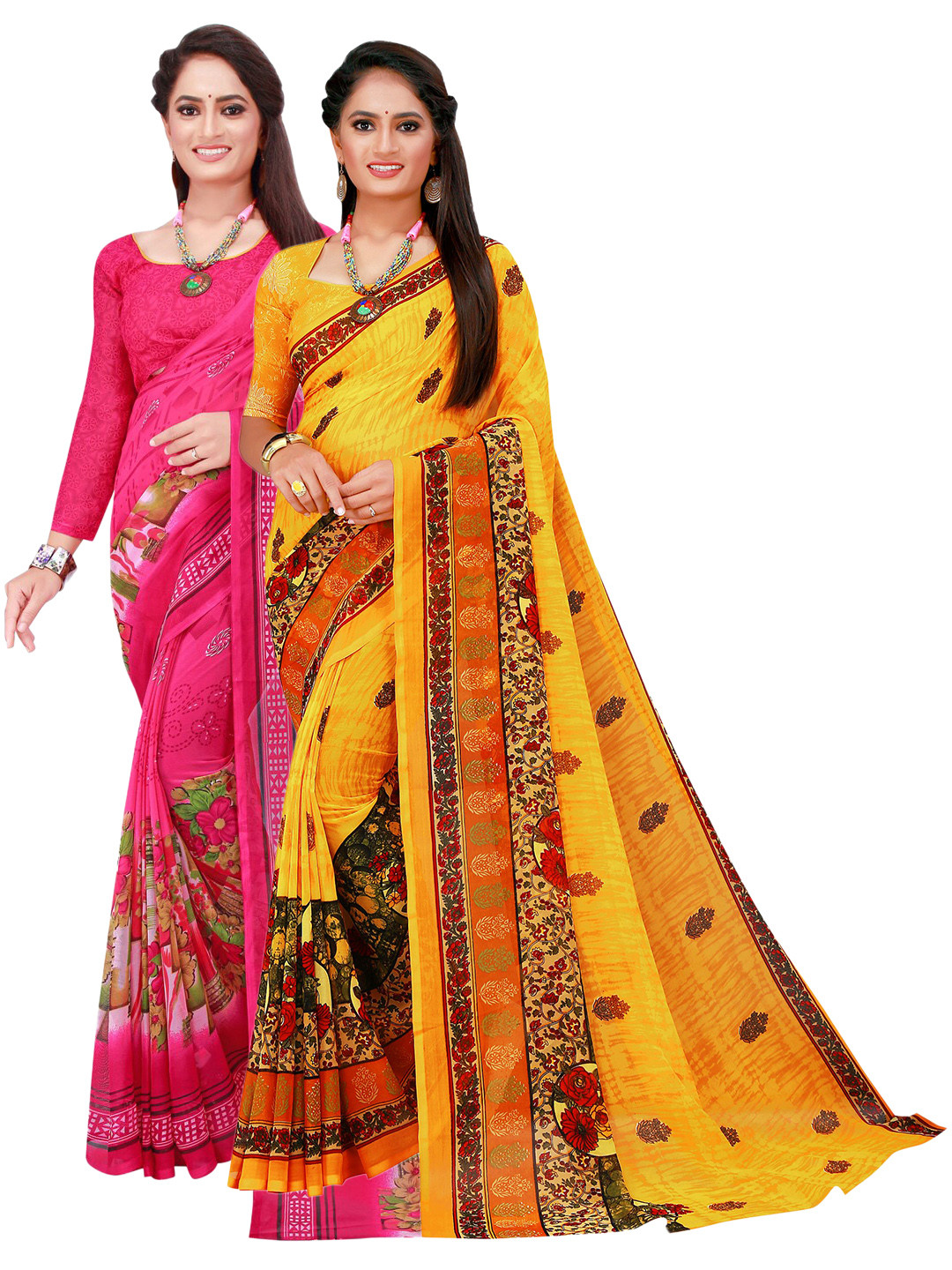 

SAADHVI Pack Of 2 Pink & Yellow Floral Georgette Saree