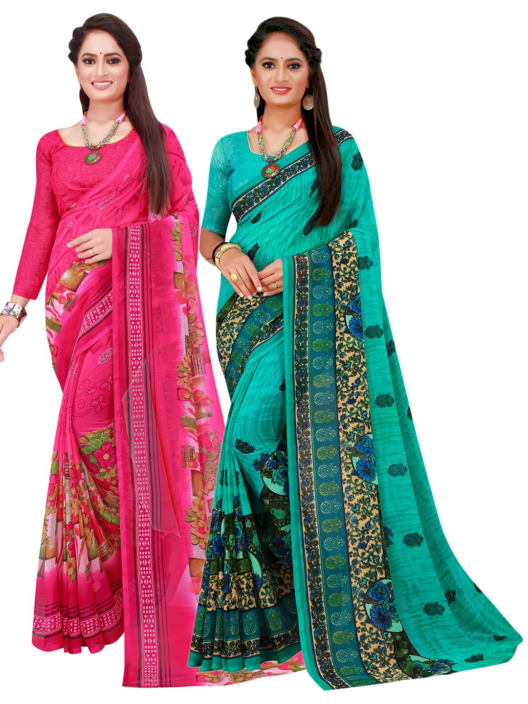 

SAADHVI Pack Of 2 Pink & Teal Geometric Printed Pure Georgette Sarees