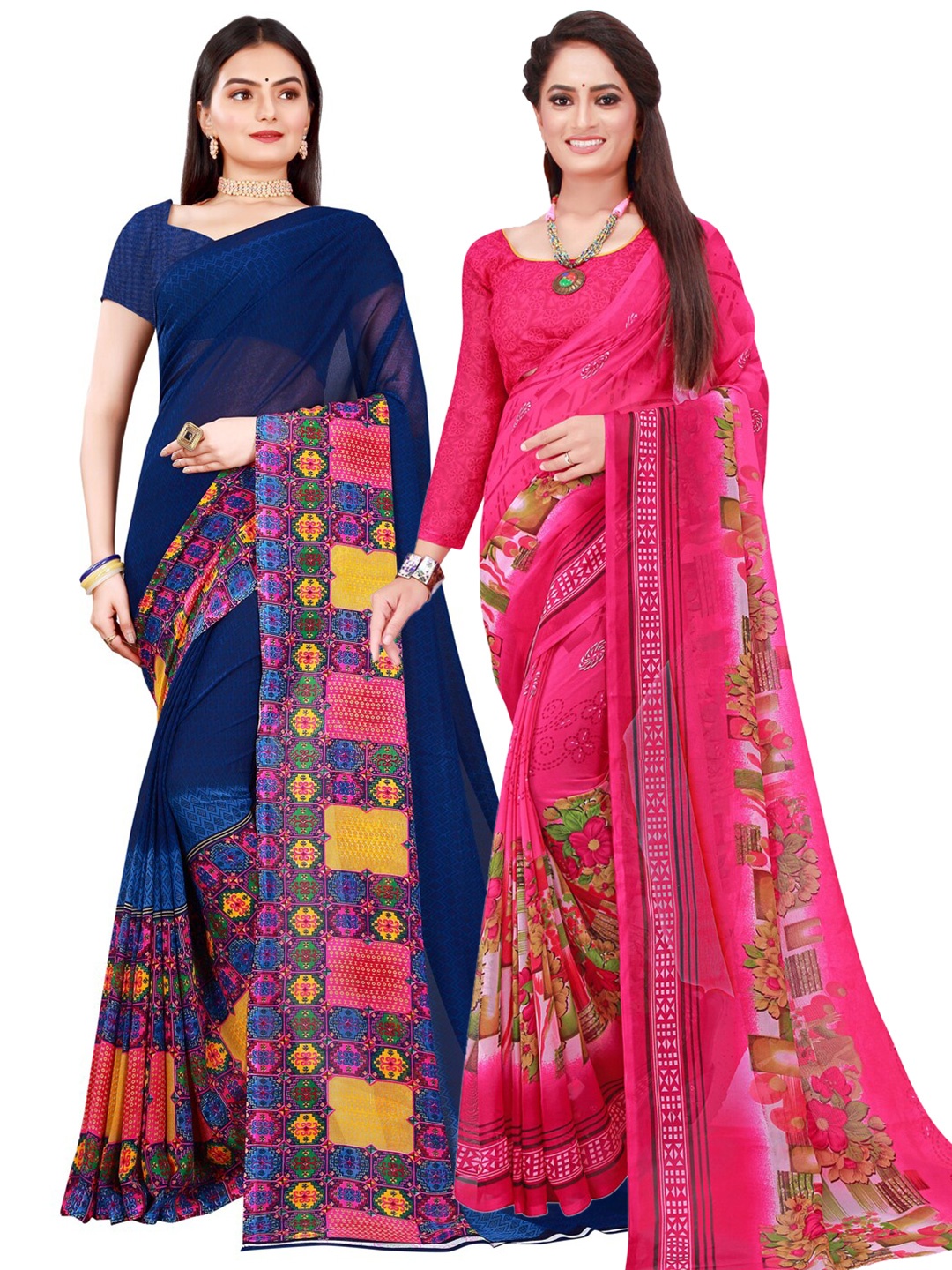 

SAADHVI Pink & Blue Set of 2 Pure Georgette Saree