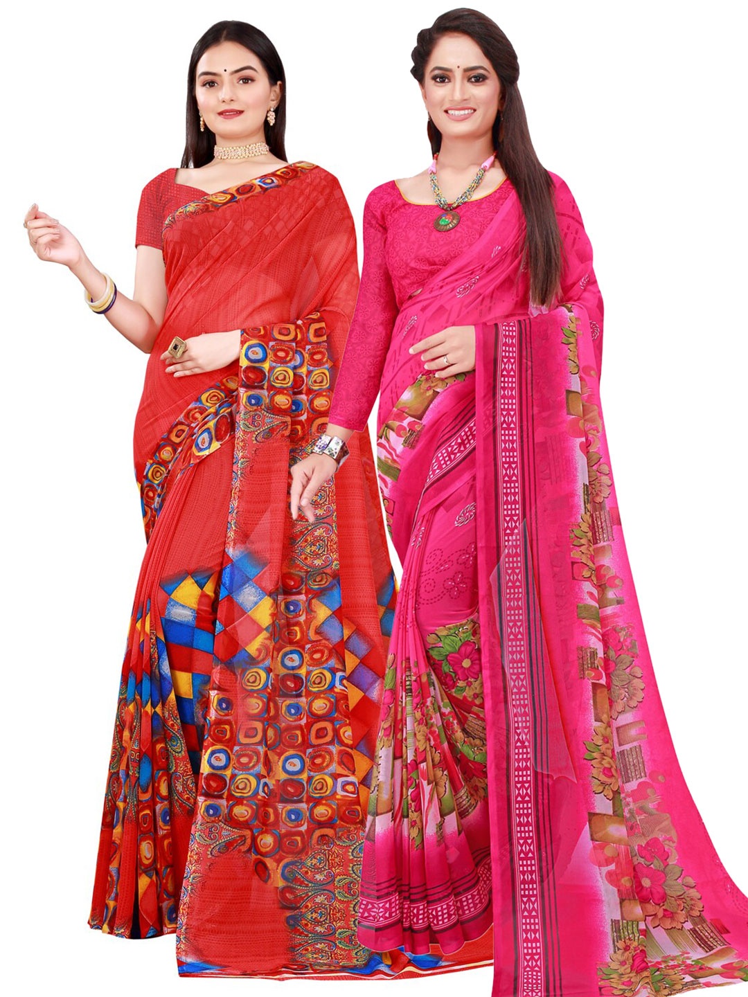 

SAADHVI Pack of 2 Pink & Orange Floral Pure Georgette Saree