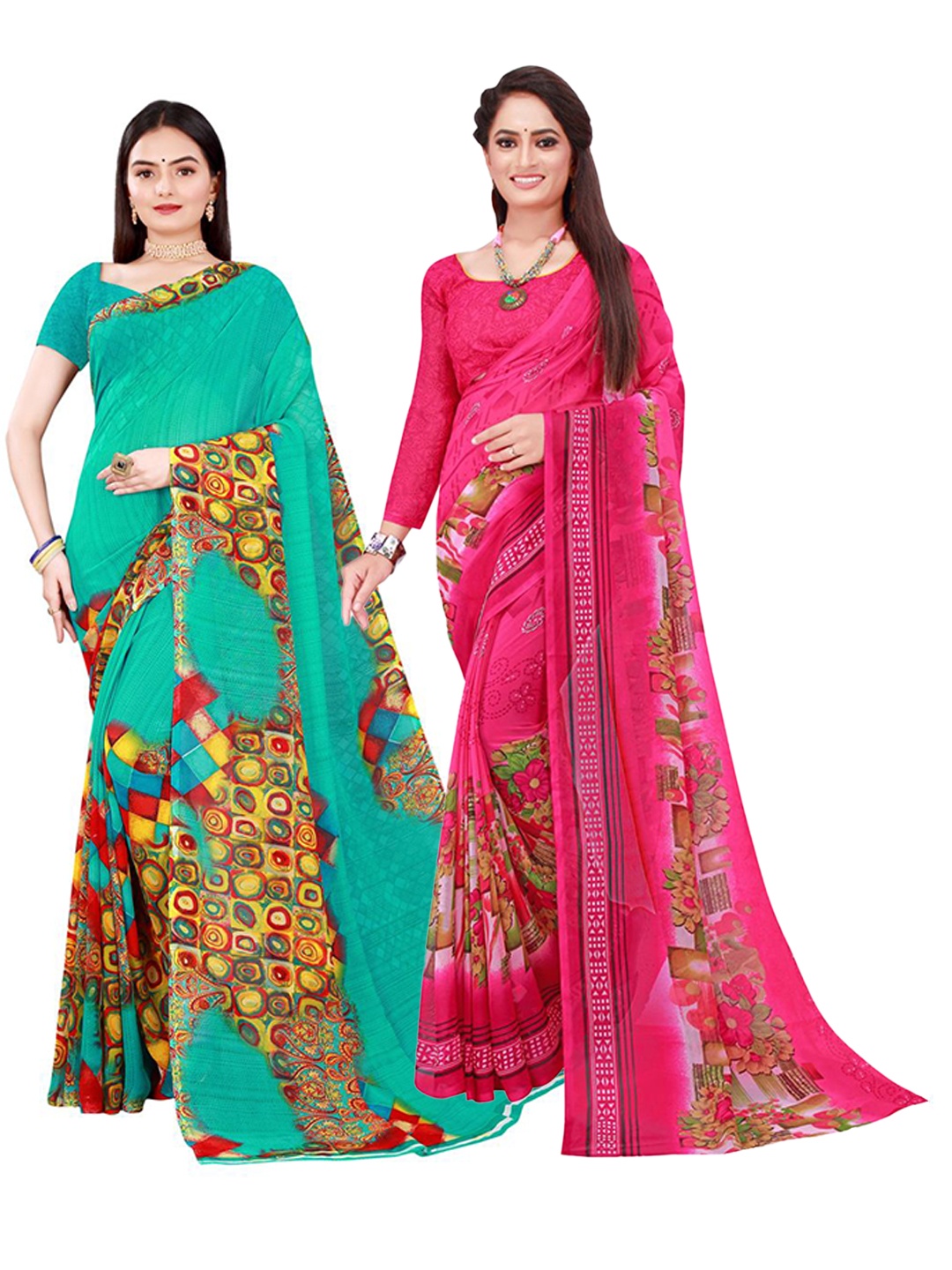 

SAADHVI Set of 2 Pink & Sea Green Pure Georgette Saree