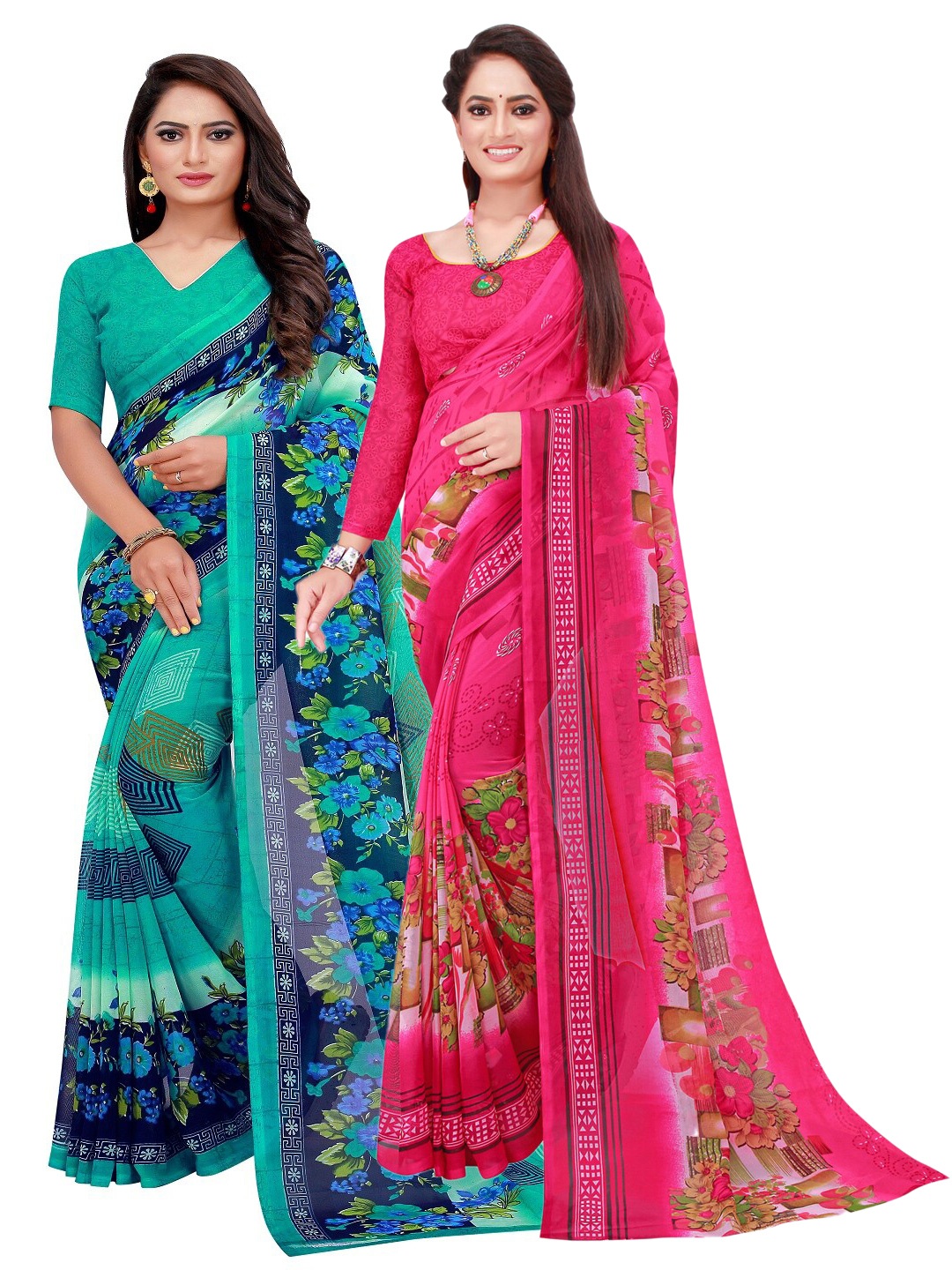 

SAADHVI Pack Of 2 Turquoise Blue & Magenta Floral Printed Georgette Sarees