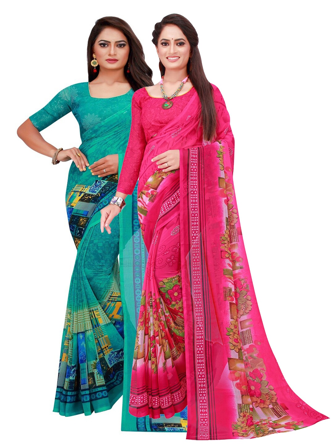 

SAADHVI Pack Of 2 Turquoise Blue & Magenta Floral Pure Georgette Saree