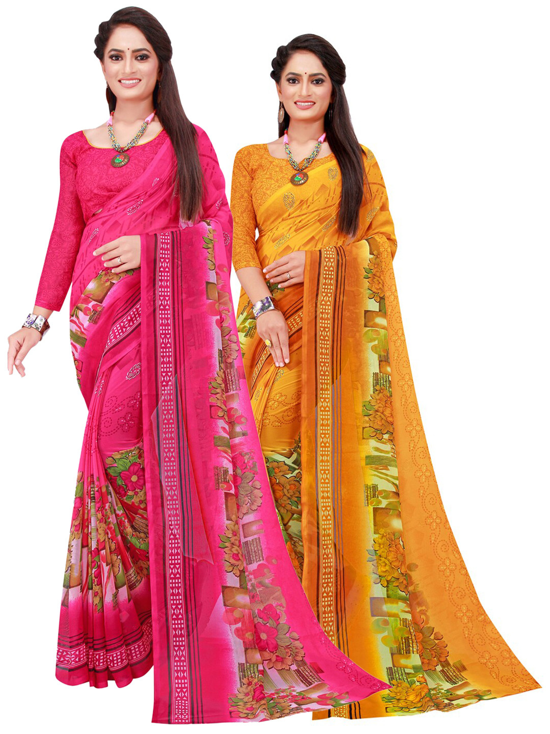

SAADHVI Pack of 2 Floral Pure Georgette Sarees, Pink
