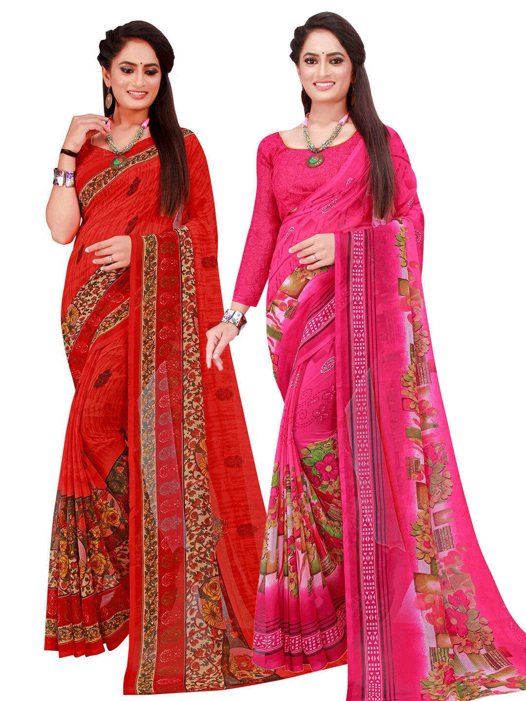 

SAADHVI Pack of 2 Pink & Red Floral Pure Georgette Saree