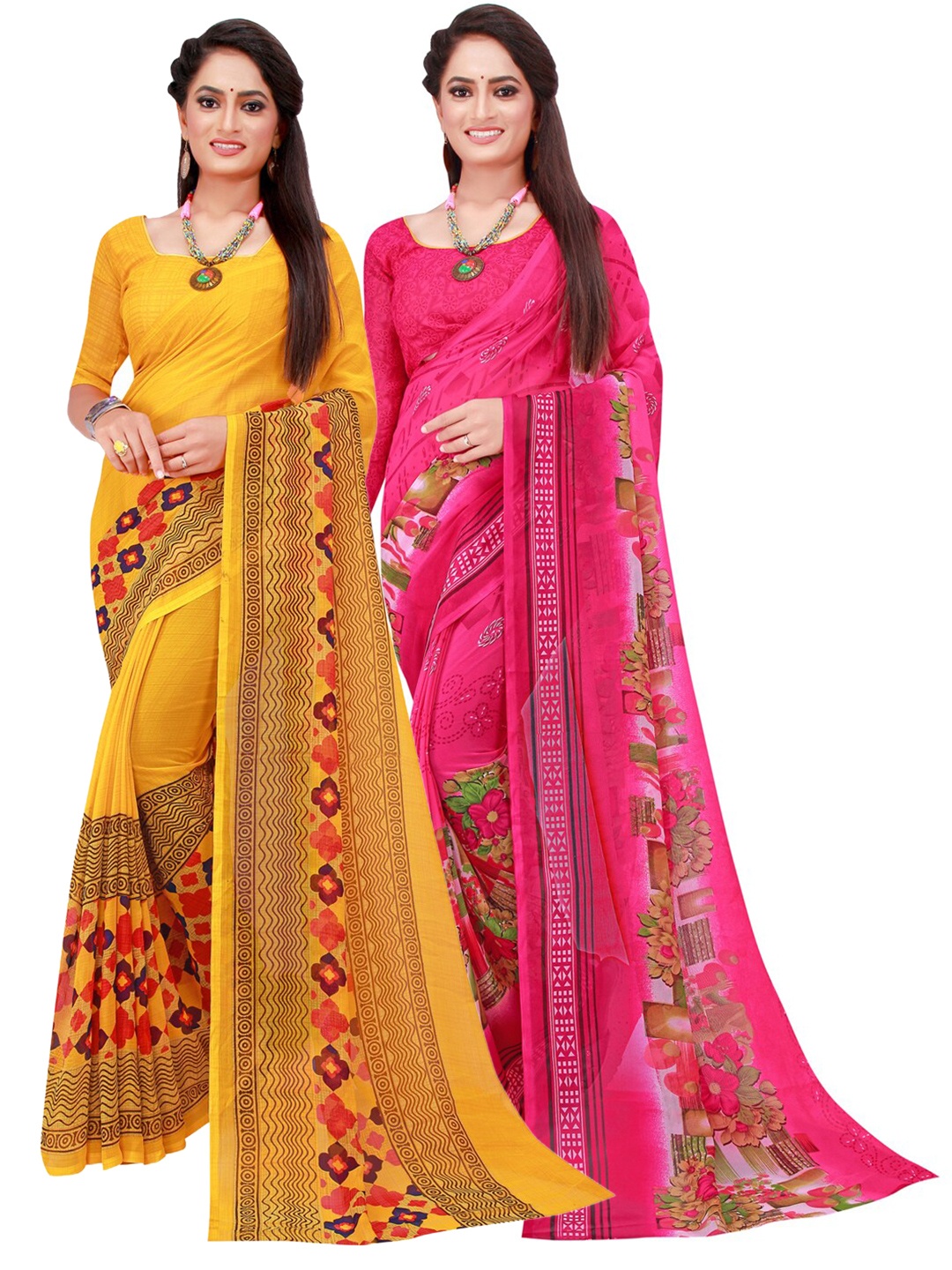 

SAADHVI Pack Of 2 Pink & Yellow Floral Georgette Saree