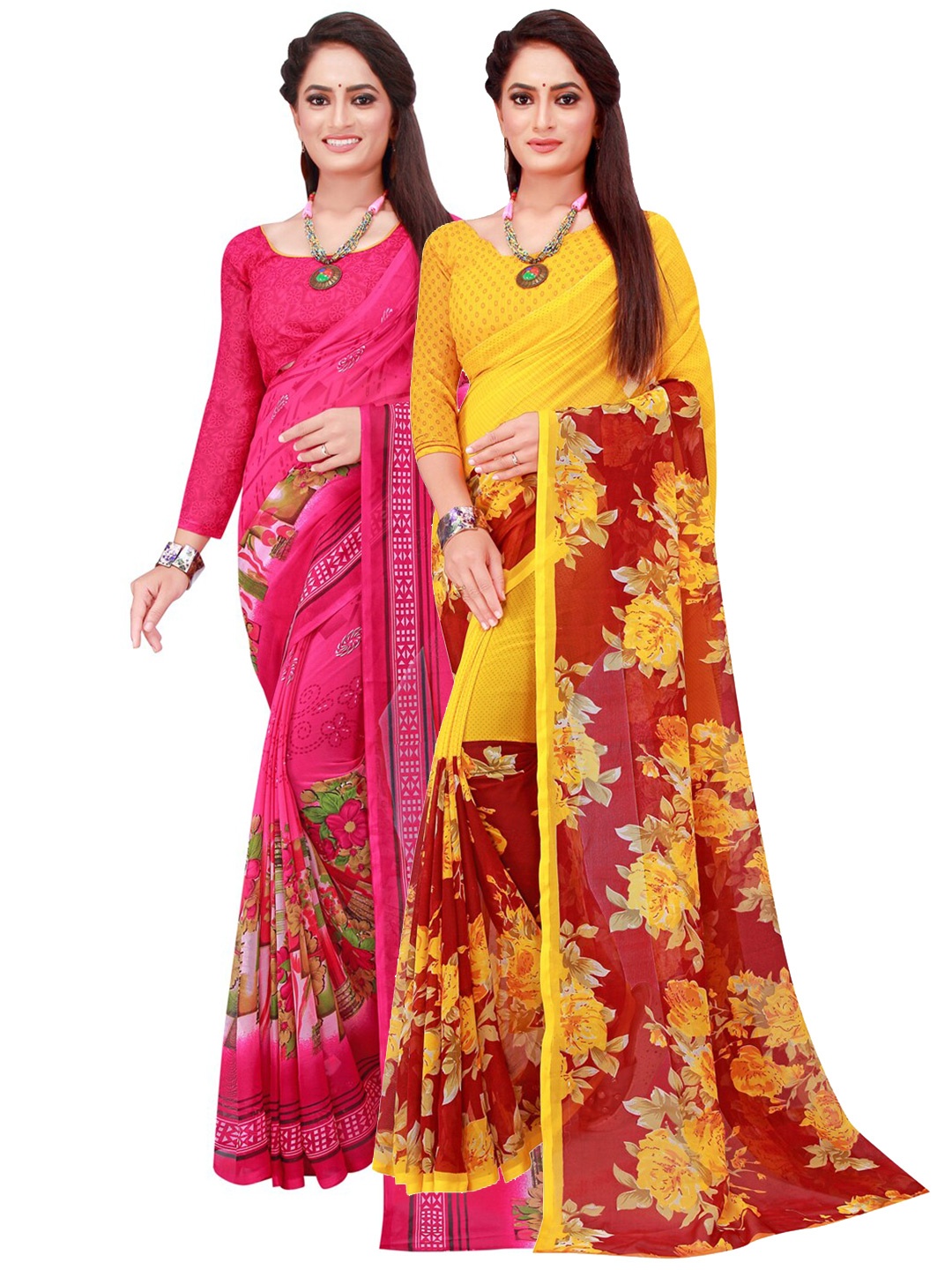

SAADHVI Pack of 2 Pink & Yellow Floral Pure Georgette Saree