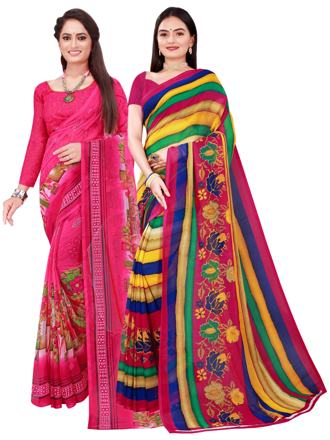 

SAADHVI Set of 2 Pink & Multicoloured Floral Pure Georgette Saree