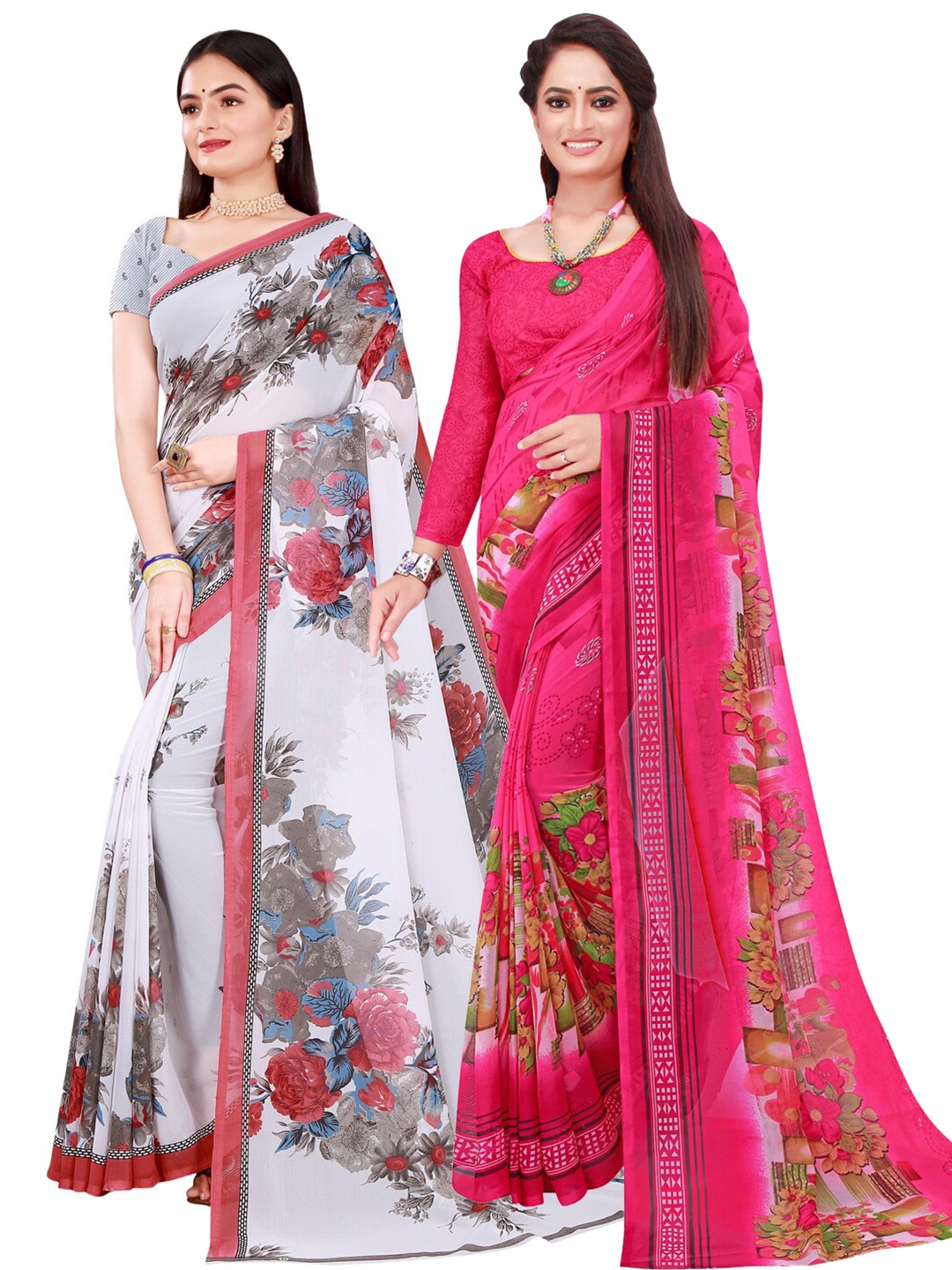 

SAADHVI Pack Of 2 Pink & White Floral Georgette Saree