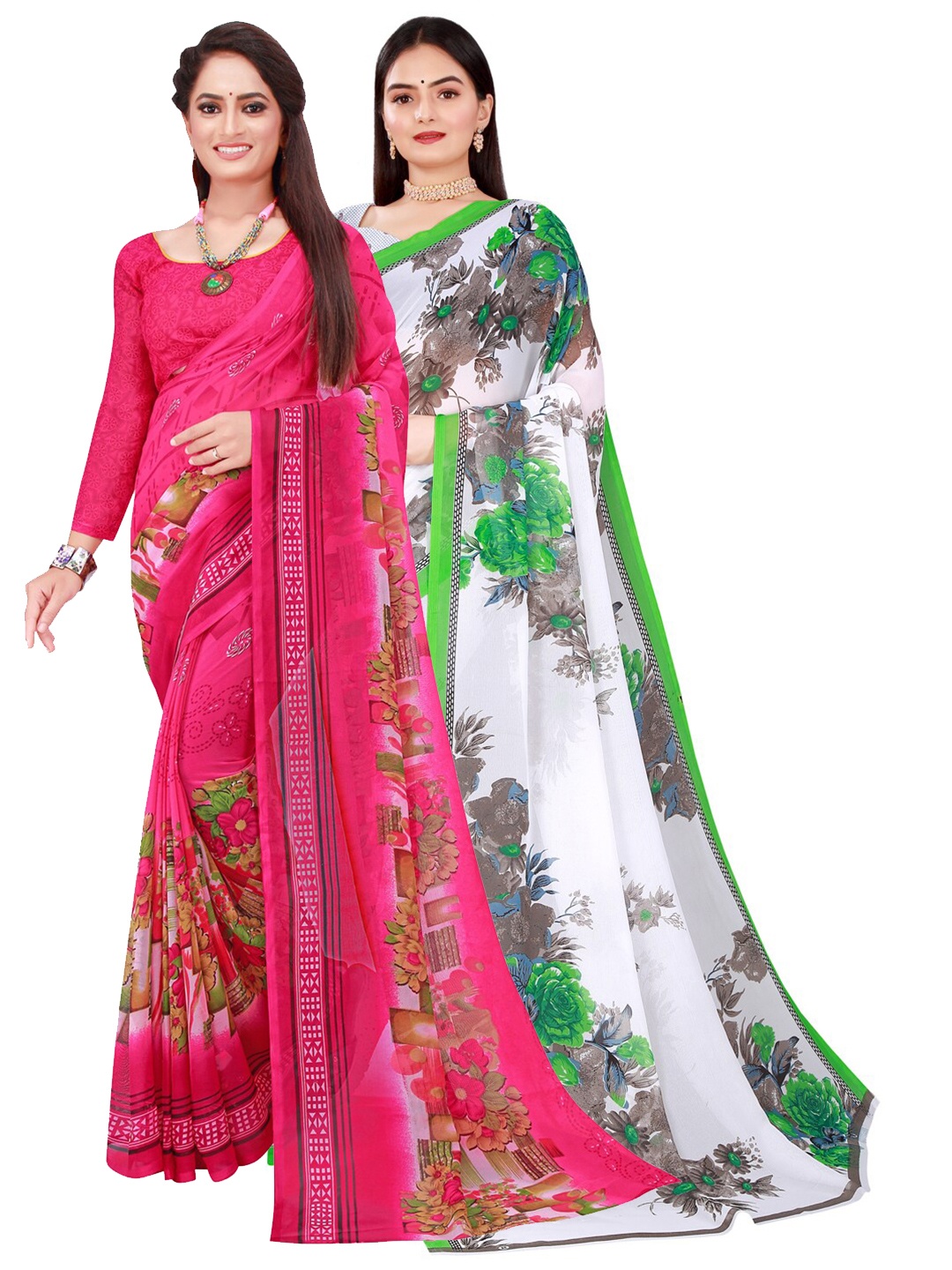 

SAADHVI Pack of 2 Floral Printed Pure Georgette Sarees, Pink