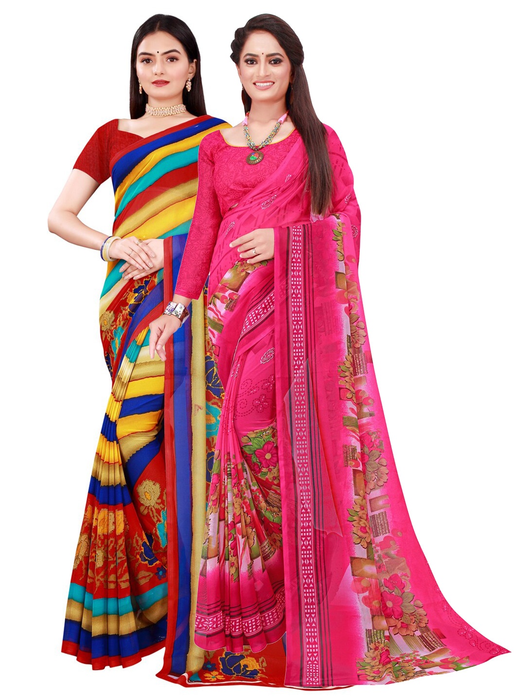 

SAADHVI Pink & Blue Set of 2 Pure Georgette Saree