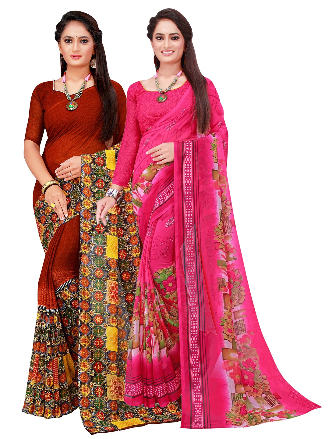 

SAADHVI Set of 2 Pink & Maroon Floral Pure Georgette Saree