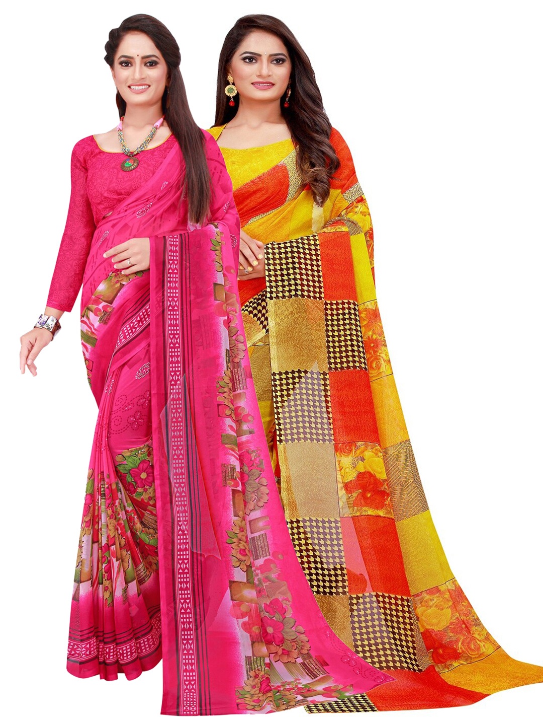 

SAADHVI Pack Of 2 Magenta & Yellow Floral Pure Georgette Saree