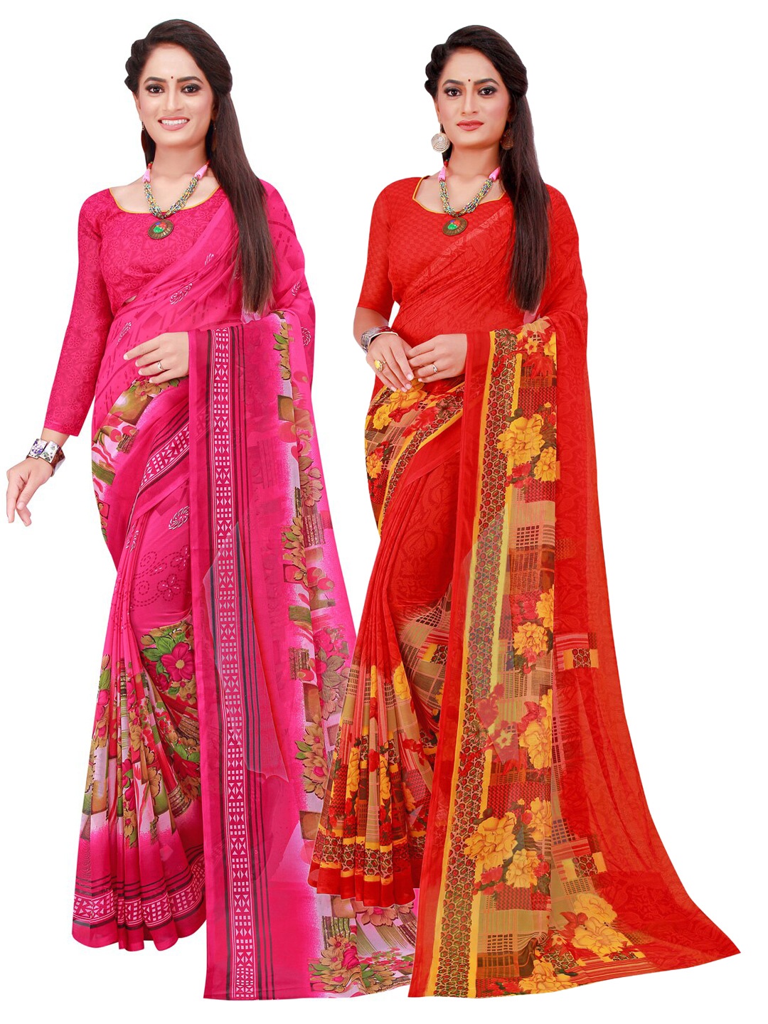 

SAADHVI Pack Of 2 Magenta & Red Pure Georgette Saree