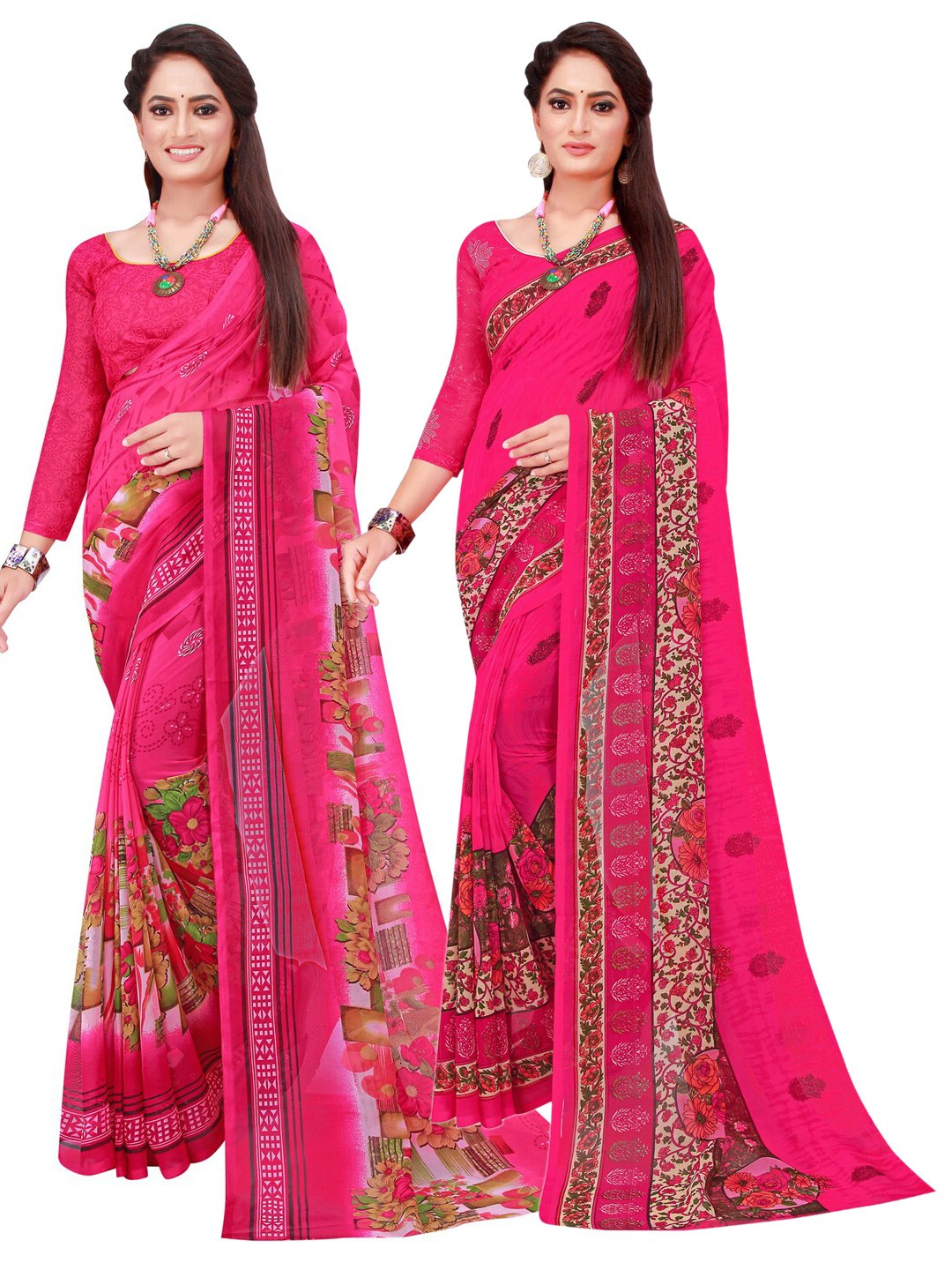 

SAADHVI Pack of 2 Floral Pure Georgette Sarees, Pink
