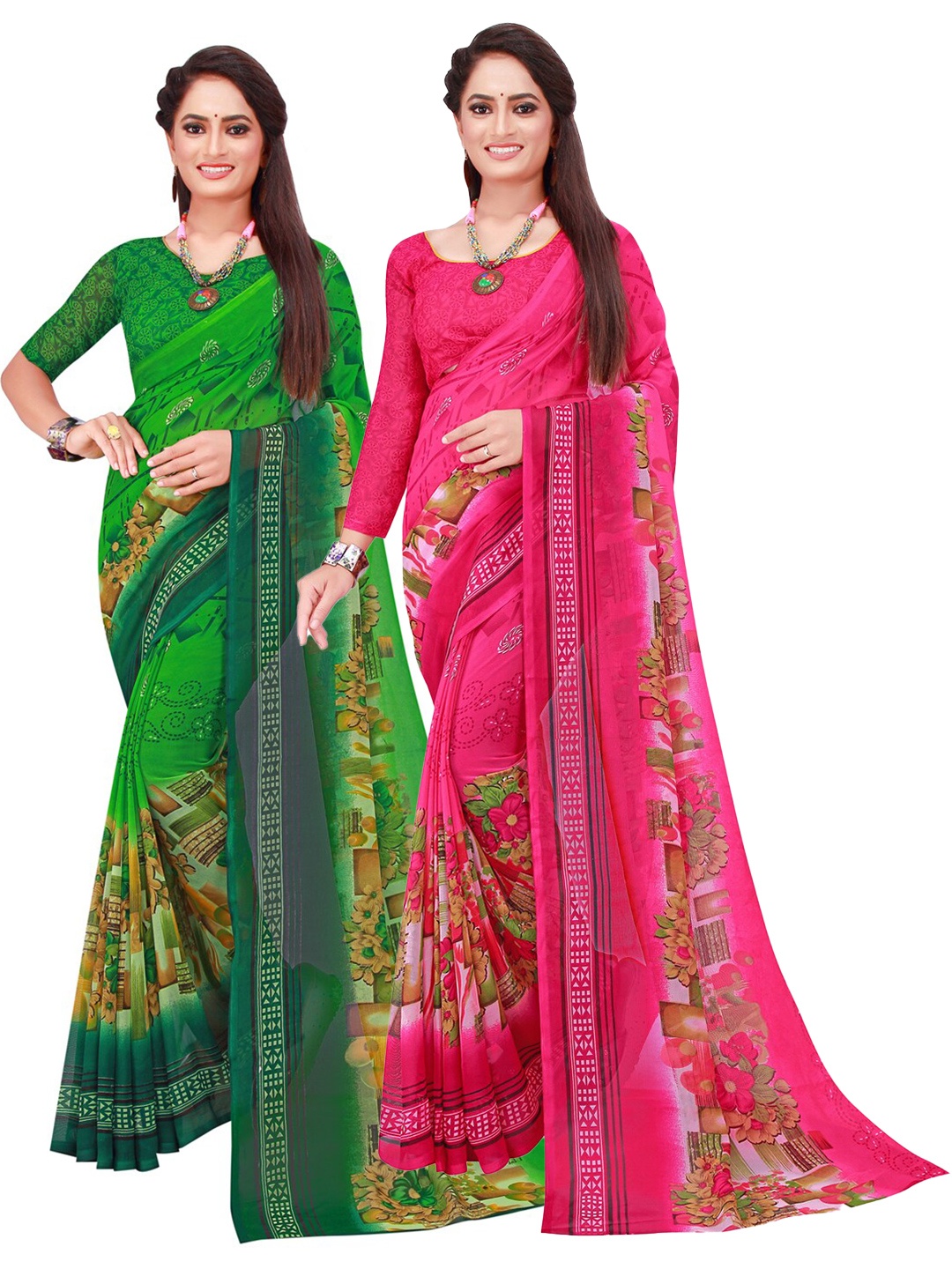 

SAADHVI Pack of 2 Pink & Green Printed Pure Georgette Saree