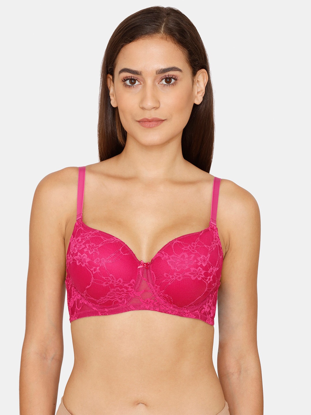 

Rosaline by Zivame Pink Floral Bra Underwired Half Coverage Tshirt Bra