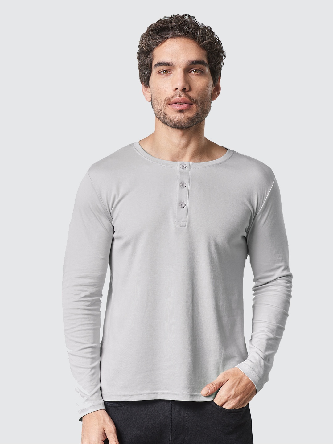 

The Souled Store Men Grey Henley Neck T-shirt