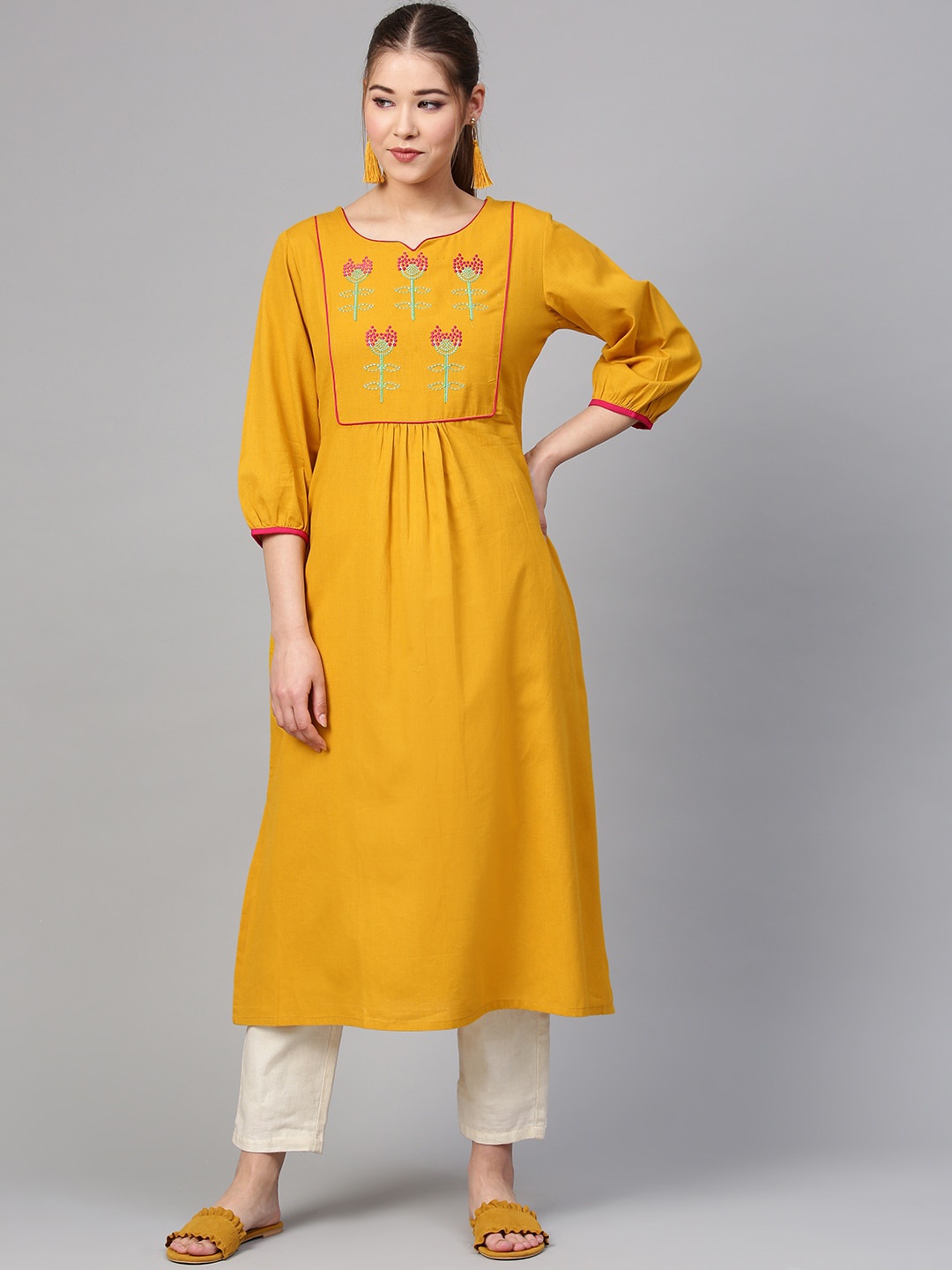 

Varanga Women Mustard Yellow Floral Yoke Design Gotta Patti Kurta