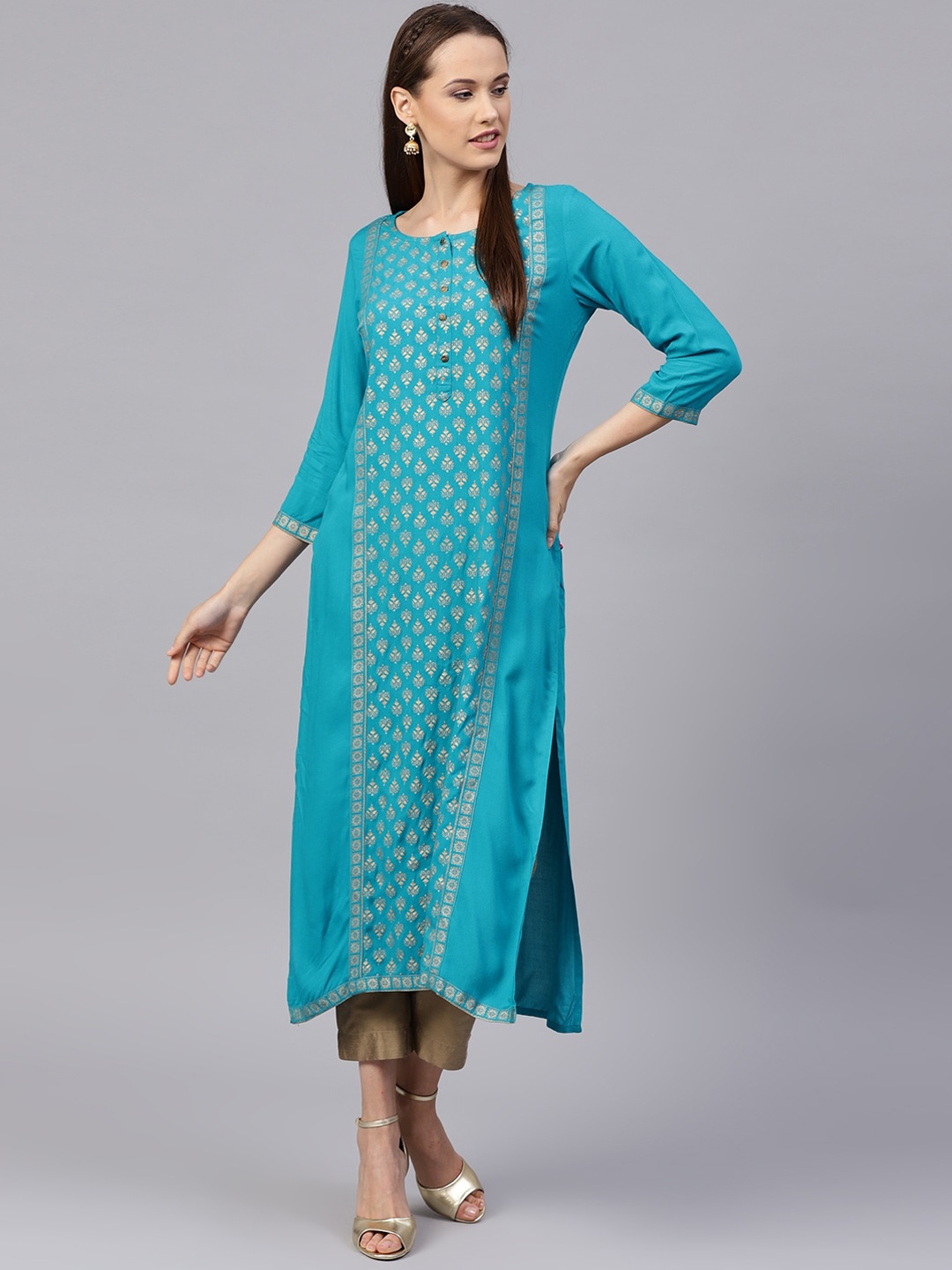 

Varanga Women Blue Ethnic Motifs Printed Gotta Patti Kurta