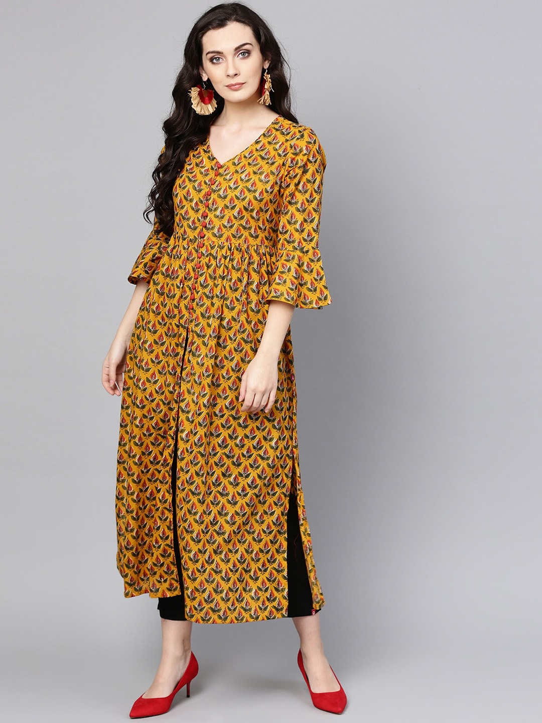 

Varanga Women Mustard Yellow & Brown Ethnic Motifs Printed Kurta