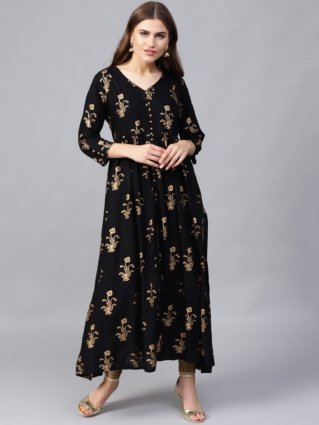 

Varanga Women Black & Gold-Toned Floral Printed Kurta