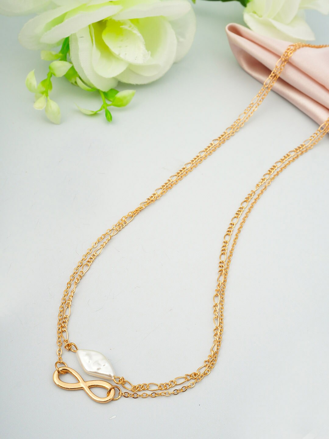 

Ferosh Gold-Toned White Pearl Stone Beaded Layered Belly Chain