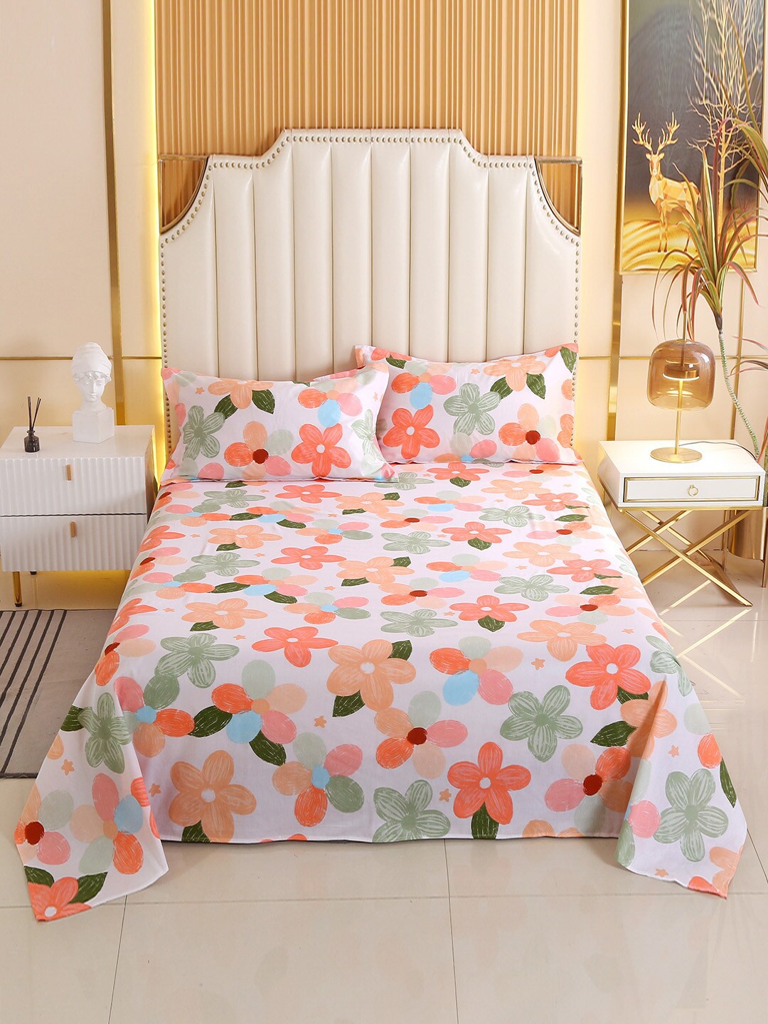 

JC HOME White & Green Floral 210 TC Single Bedsheet