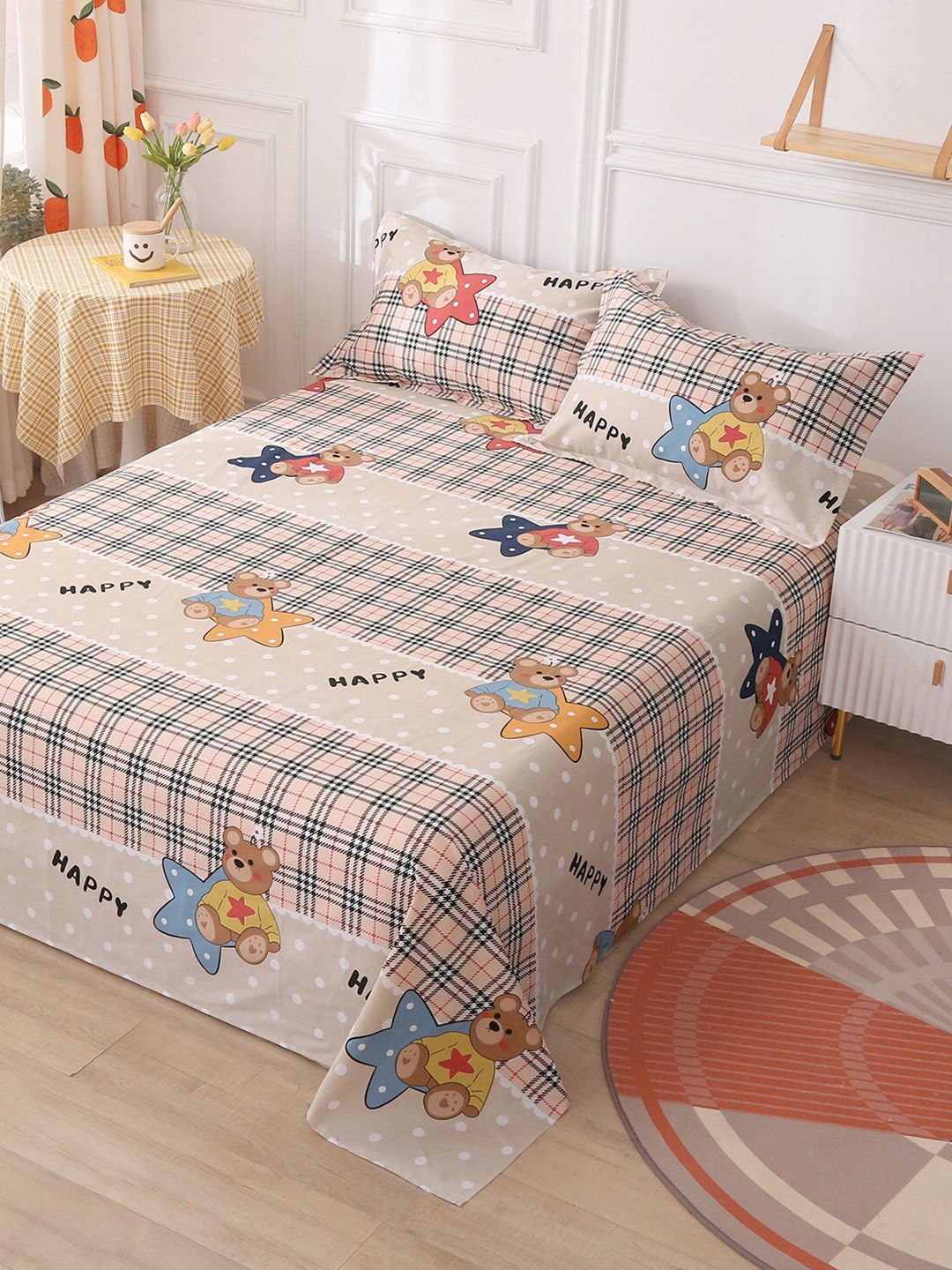 

JC HOME Brown & Blue 210 TC Queen Geometric Cotton Bedsheet with 2 Pillow Covers