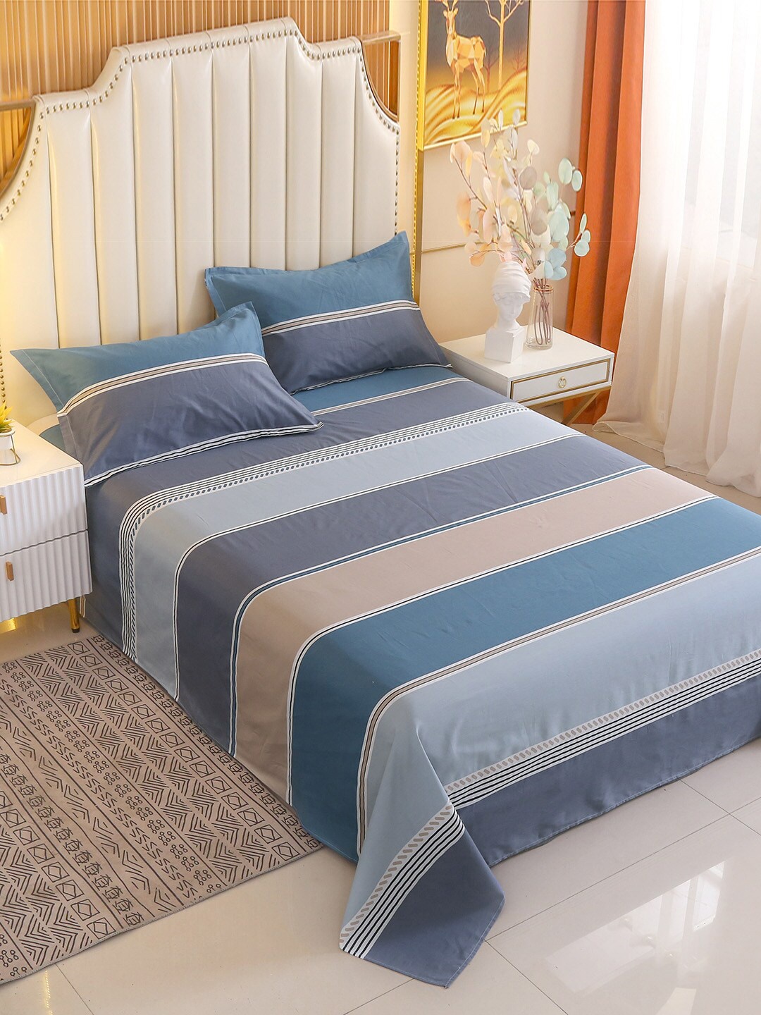 

JC HOME Blue & Brown Striped 210 TC Queen Bedsheet with 2 Pillow Covers