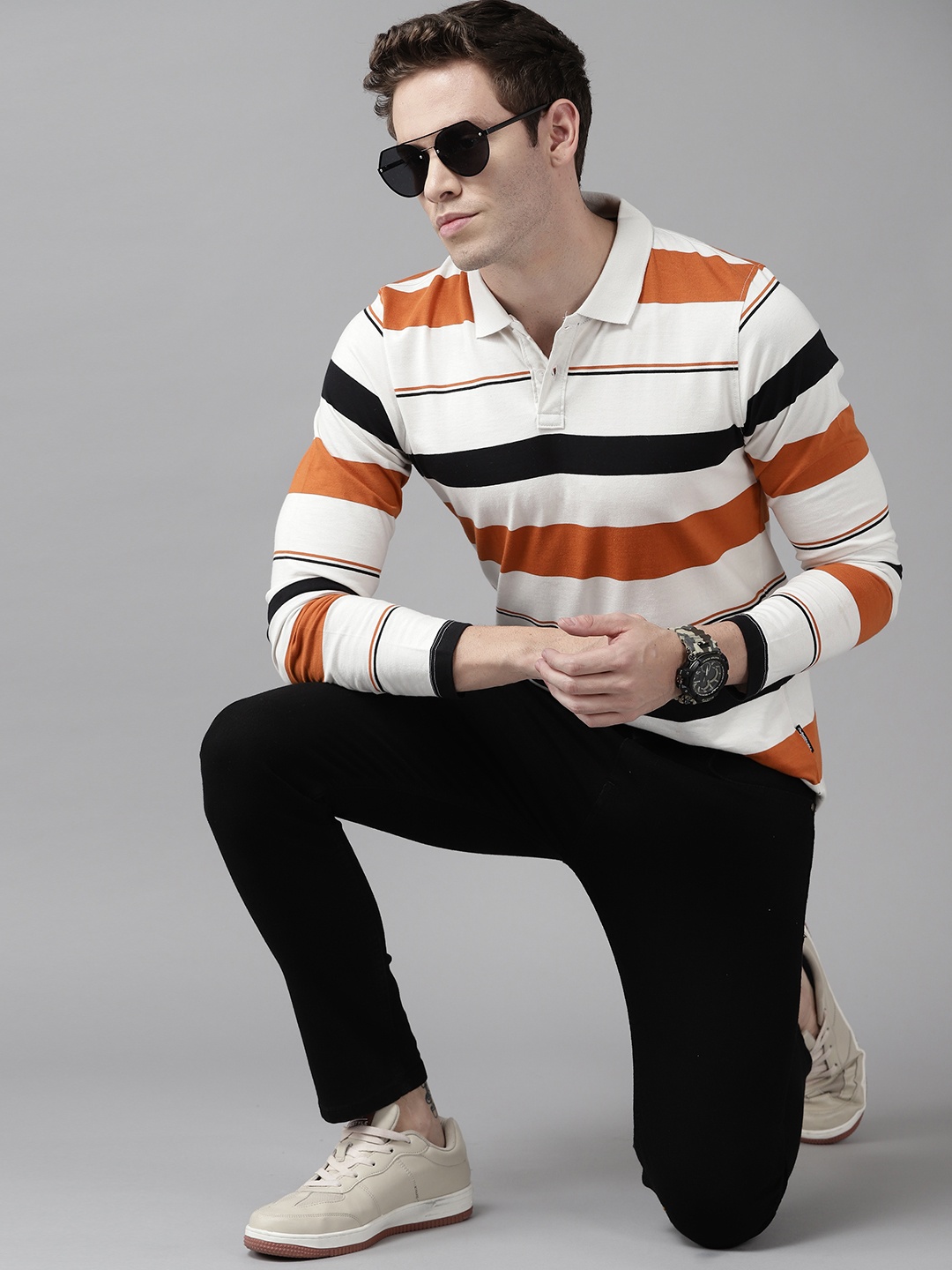 

Roadster Men White & Rust Orange Pure Cotton Striped Polo Collar T-shirt