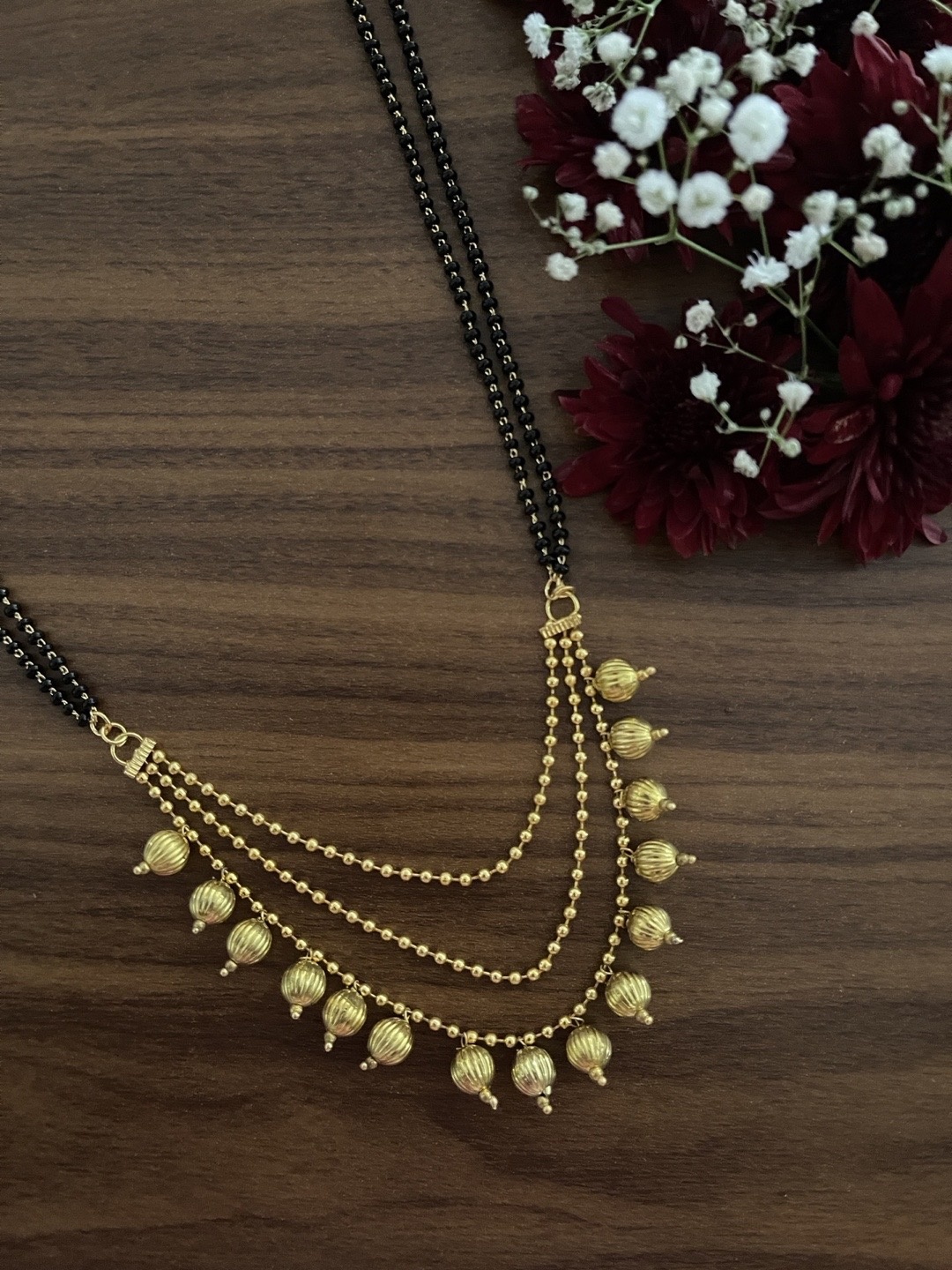 

Digital Dress Room Women Gold-Plated Black Beaded 3 Layered Mangalsutra