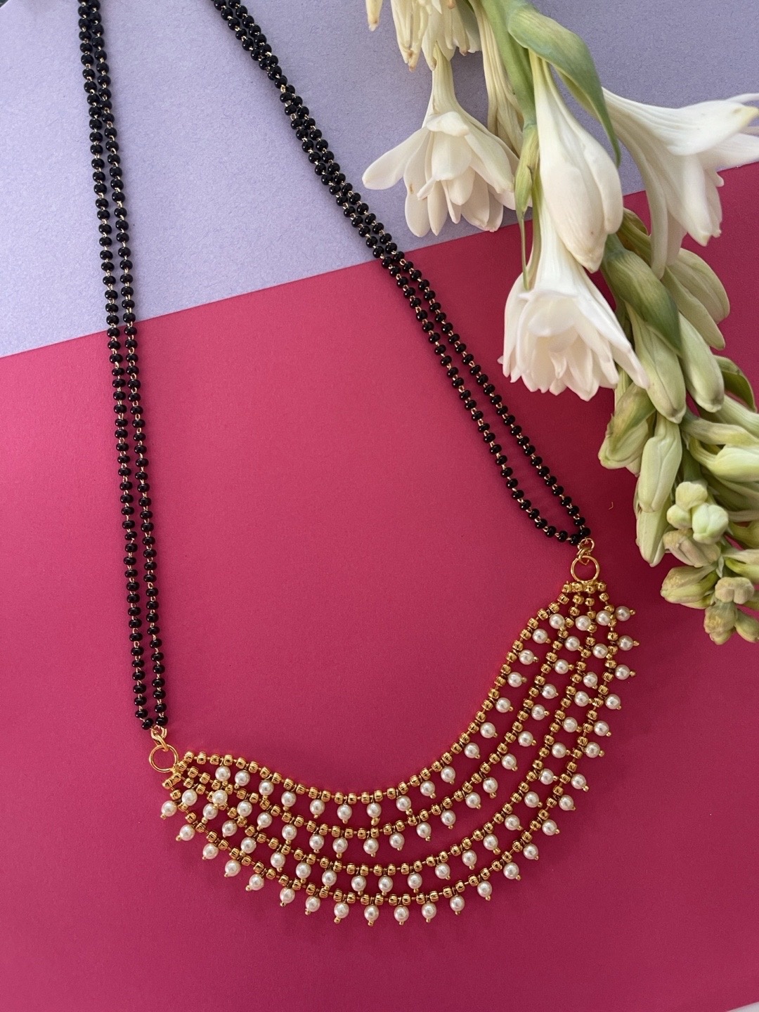 

Digital Dress Room Women Gold-Plated Black & Off-White Pearls Maharashtrian Mangalsutra