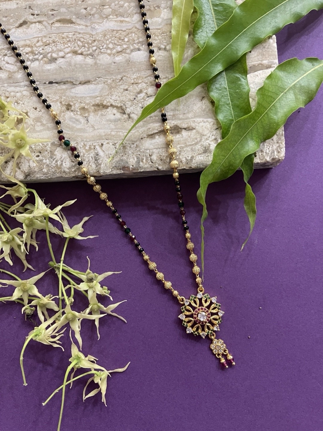 

Digital Dress Room Women Gold-Plated Fancy Short AD Flower Mangalsutra Black Beads Chain